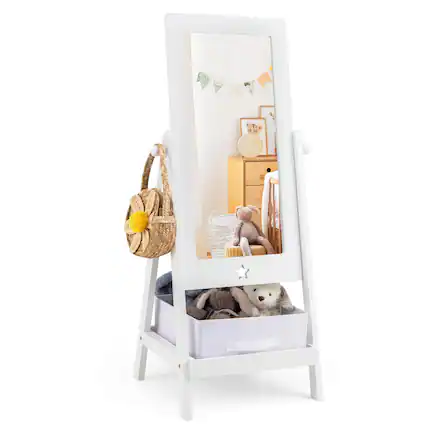 Front. Costway - Costway Kids Full Length Mirror 360° Rotatable Freestanding Dressing Mirror with Storage Bin - White.
