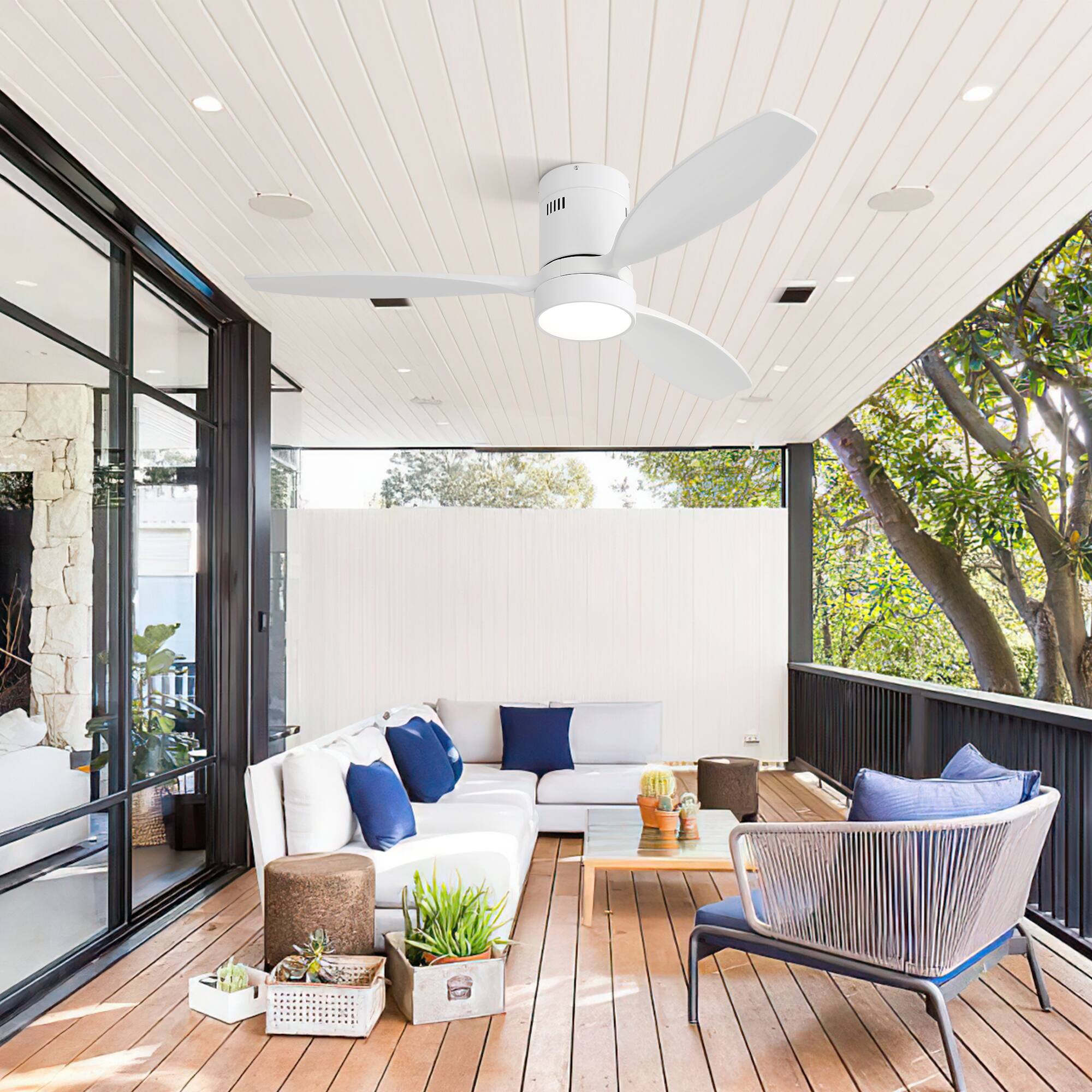 Alt View 1. Loheer - Loheer 52 Inch Flush Mount Ceiling Fan with Light Solid Wood Blades Reversible DC Motor Modern Low Profile Bedroom Fan.
