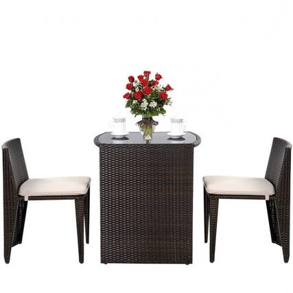 Front. Hivvago - 3 Piece Compact Espresso/White Wicker Patio Cushioned Outdoor Chair Table Set - Espresso/White.
