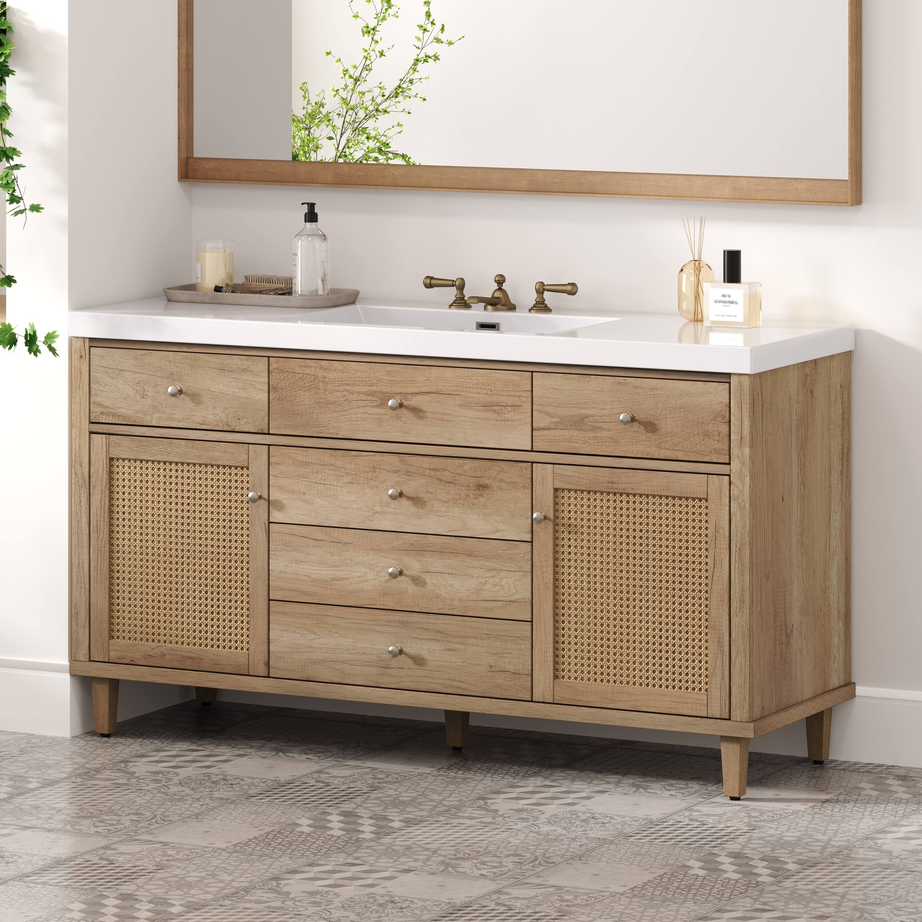 Left. Loheer - 5 ft Bathroom Vanity with SMC Sink, Soft Close Drawers, Rattan Doors, Large Storage - Antique Natural.