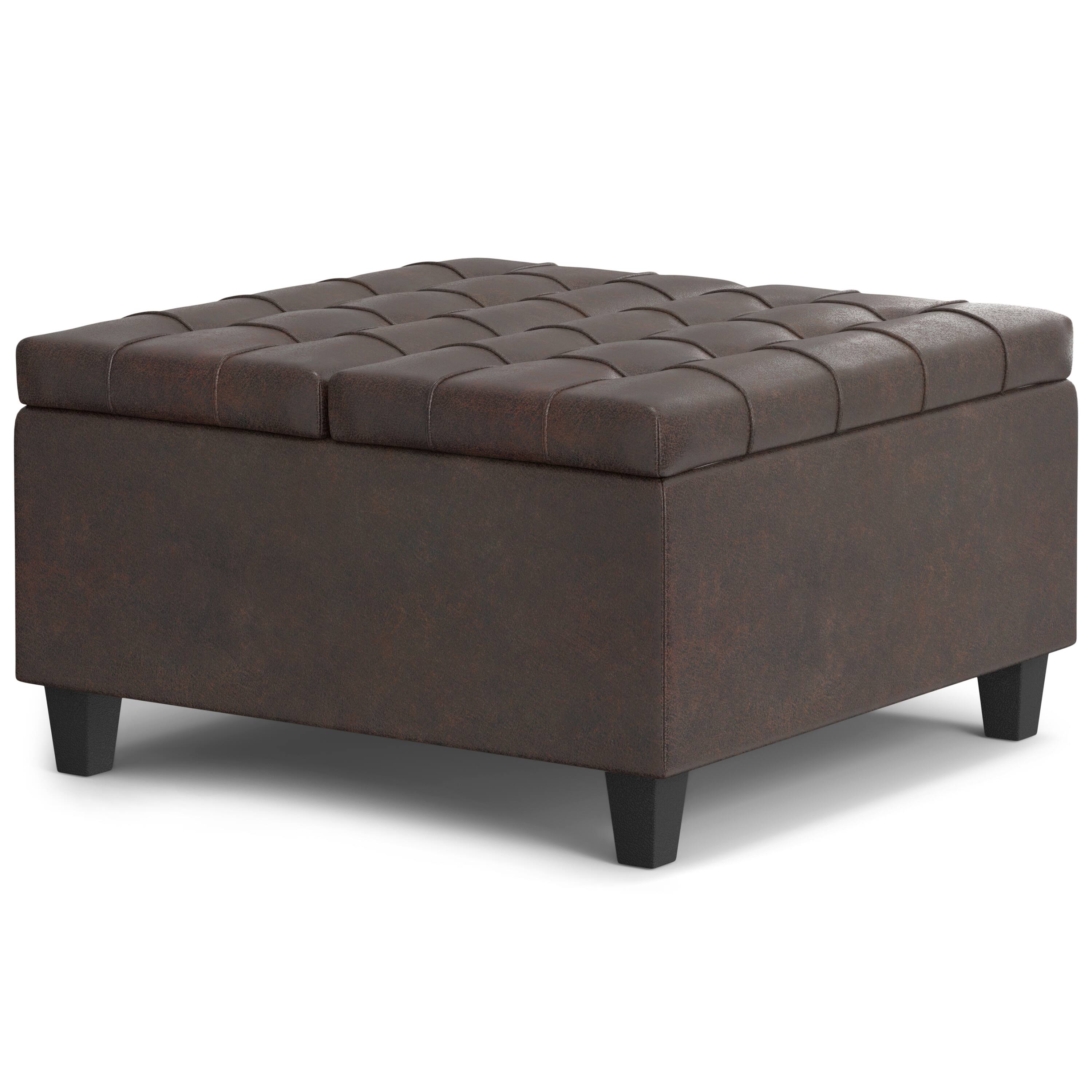 Angle. Simpli Home - Harrison Small Square Coffee Table Storage Ottoman - Distressed Brown.