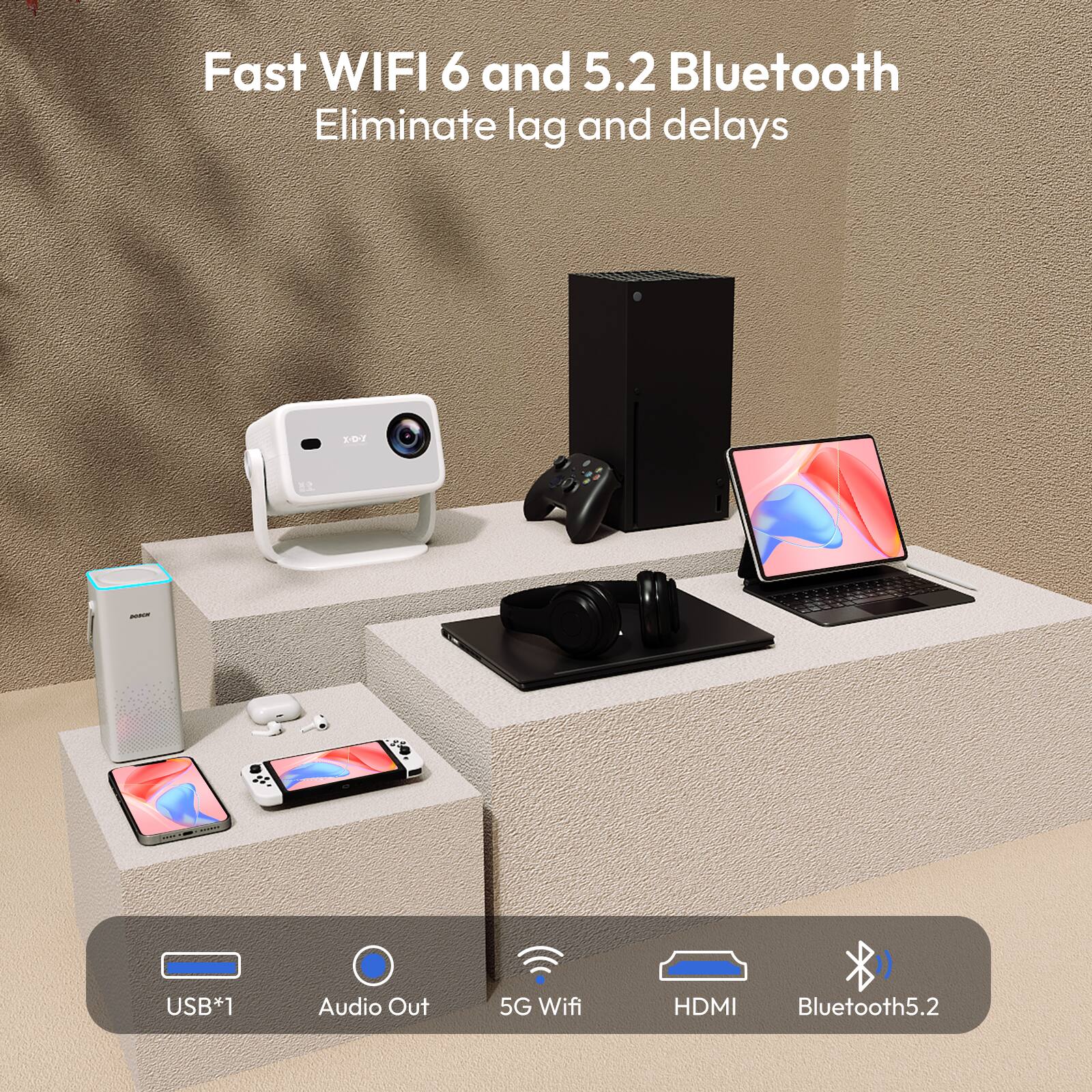 Fast WIFI 6 and 5.2 Bluetooth  
Eliminate lag and delays  

USB*1  
Audio Out  
5G Wifi  
HDMI  
Bluetooth5.2