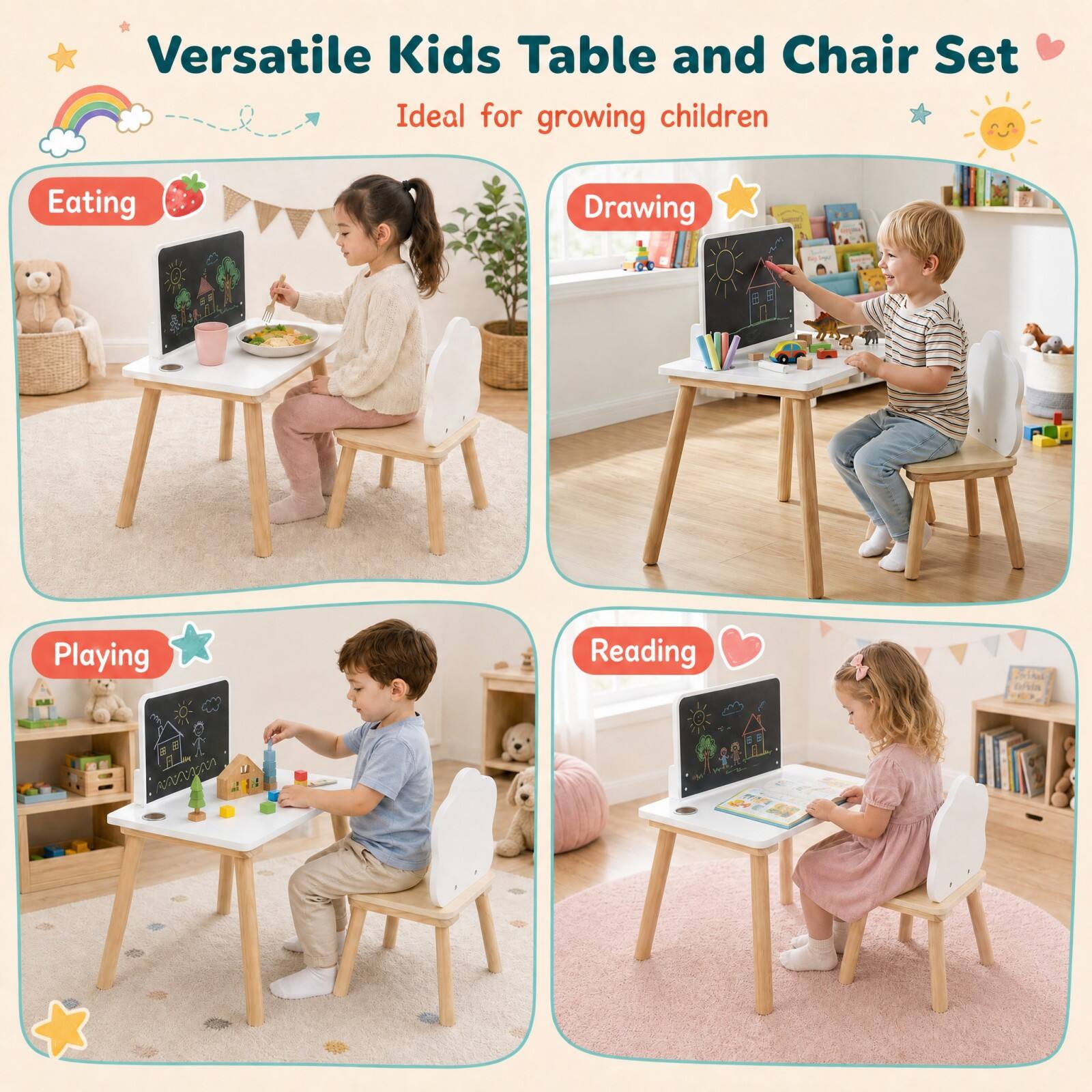 Versatile Kids Table and Chair Set  
Ideal for growing children  

Eating  
Drawing  
Playing  
Reading