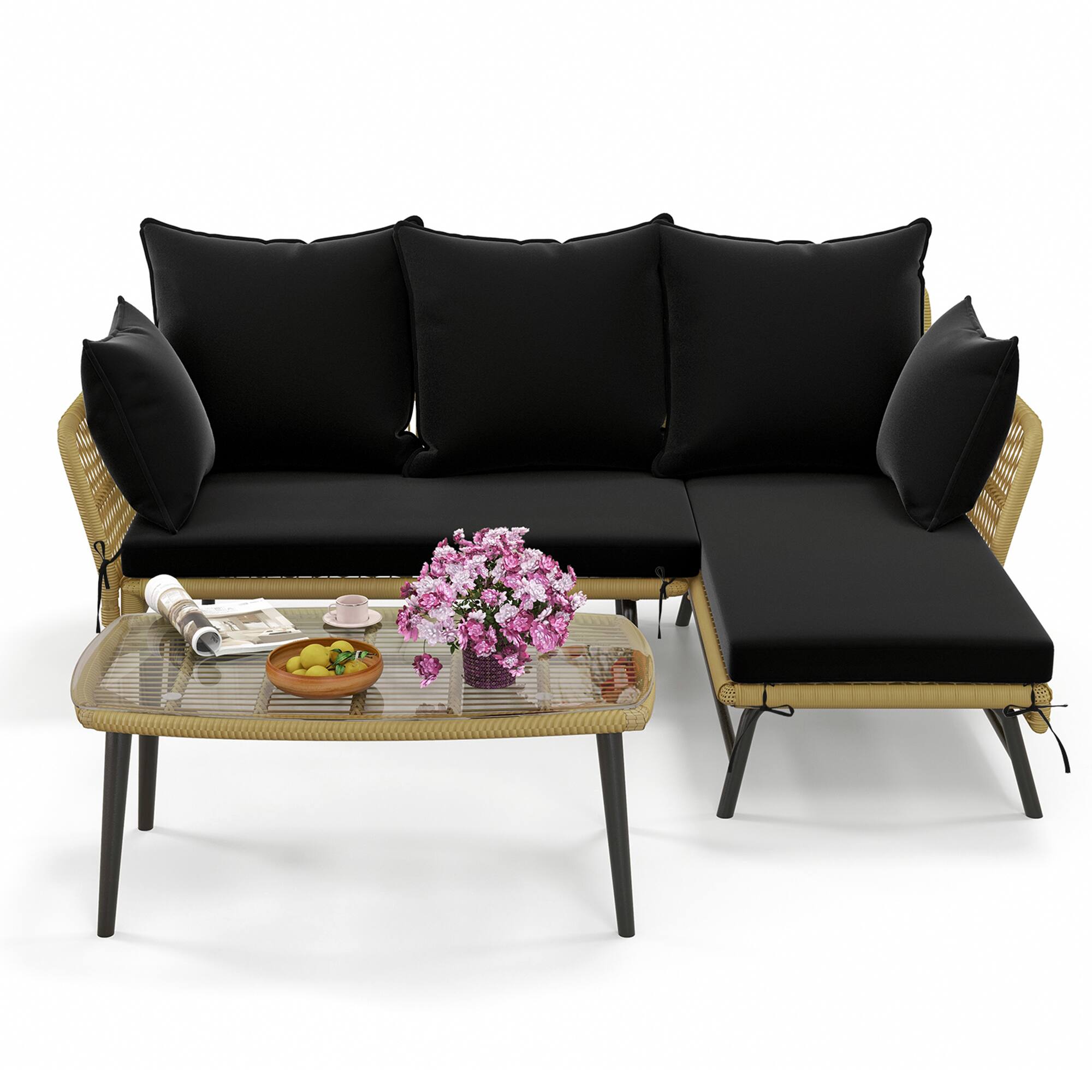 Alt View 1. Gymax - Gymax 3PCS Patio Wicker Furniture Set L-Shaped Sofa Conversation Set w/ Black Cushions - Black.