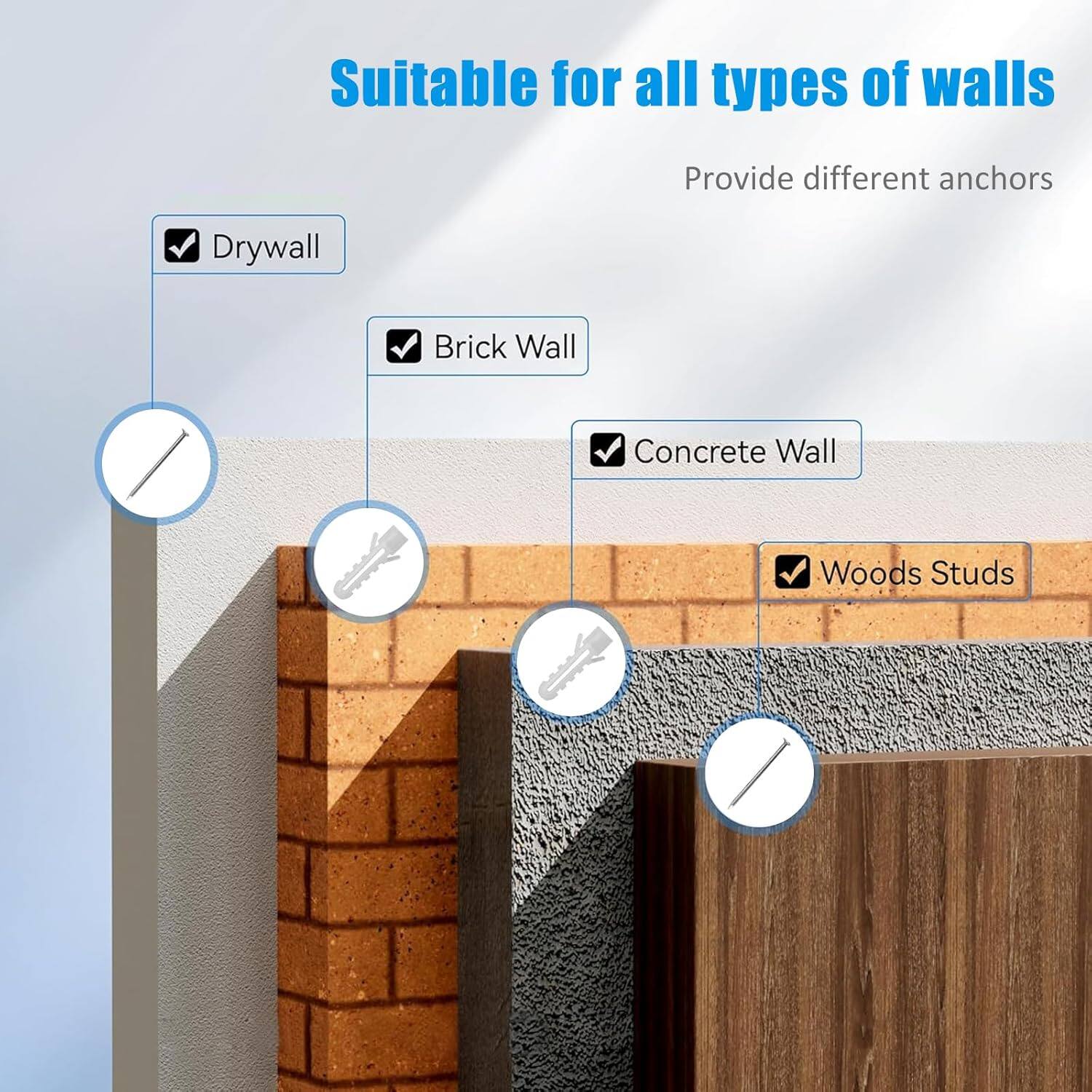 Suitable for all types of walls  
Provide different anchors  

- Drywall  
- Brick Wall  
- Concrete Wall  
- Wood Studs