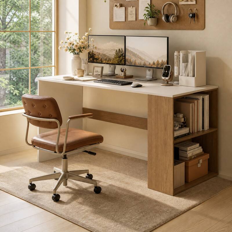 Angle. WELLFOR - 44" Computer Desk with Bookshelf, Modern Home Office Desk for Small Space - White and Natural.