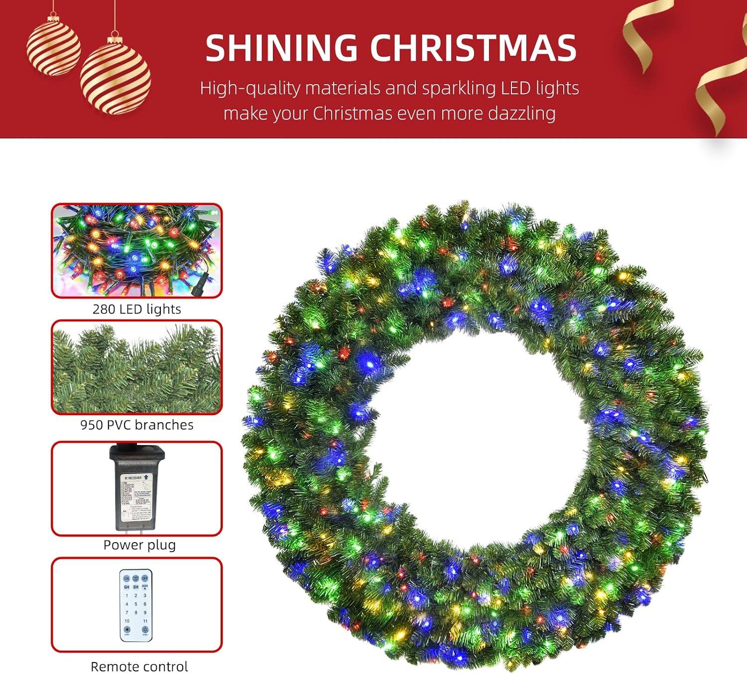 Oumilen 60 Inch Pre Lit Christmas Wreath – 300 Dual Color LED Lights ...