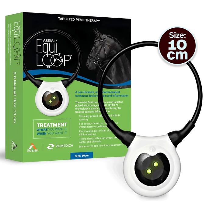 Equi 2.0 Manual  
Size: 10 cm  

TARGETED PEMF THERAPY  
ASSISI Equi LOOP  

A non-invasive, no pharmaceutical treatment device for pain and inflammation  
The Assisi EquiLoop uses targeted pulsed electromagnetic field (tPEMF) technology is a safe, free therapy for treating pain and inflammation. Clinically proven to be effective for acute, chronic, or degenerative inflammatory conditions.  

TREATMENT WHERE YOU WANT IT, WHEN YOU WANT IT  
Easy to administer stall side in a clinical setting directly through wraps, drapes, casts, and blankets.  

Minimum of 180 15-minute treatments  

Size: 10 cm