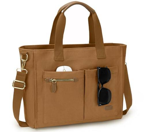 Front. DORLUKFU - Canvas Tote Bag for Women, Large Tote Bag with Zipper & Compartments for Travel Work College Teacher Nurse - Mocha.