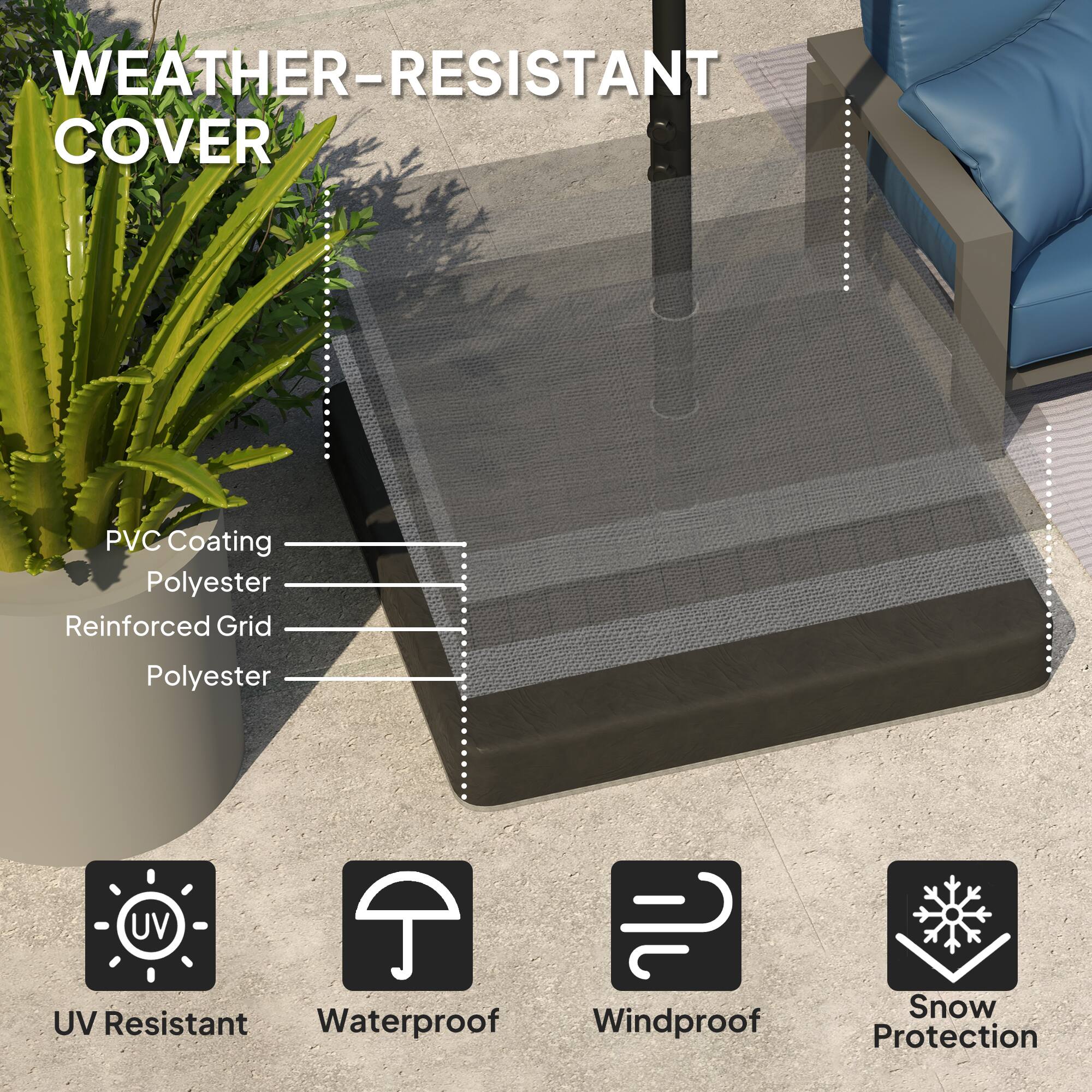 WEATHER-RESISTANT COVER

- PVC Coating
- Polyester
- Reinforced Grid
- Polyester

Features:
- UV Resistant
- Waterproof
- Windproof
- Snow Protection