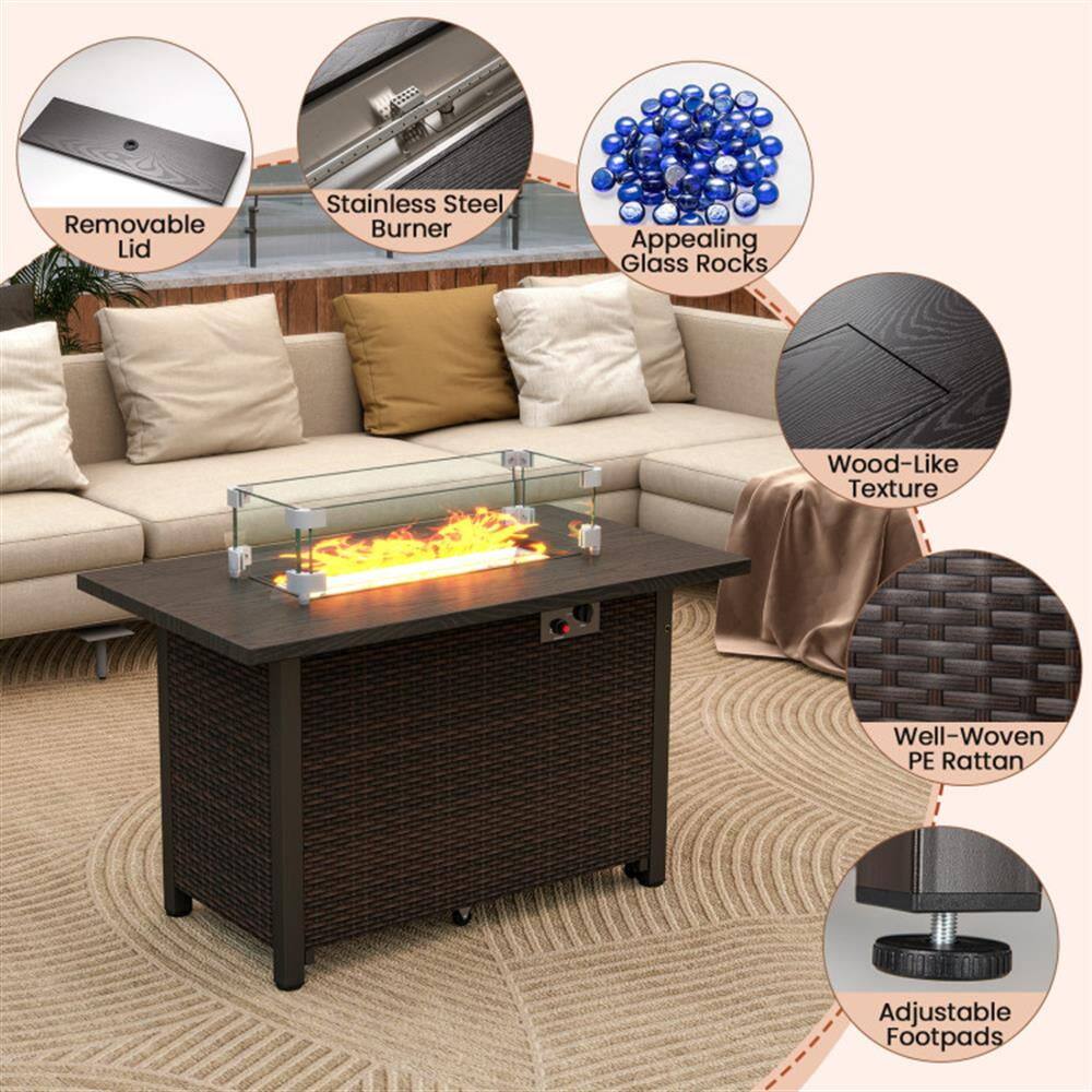 - Removable Lid
- Stainless Steel Burner
- Appealing Glass Rocks
- Wood-Like Texture
- Well-Woven PE Rattan
- Adjustable Footpads