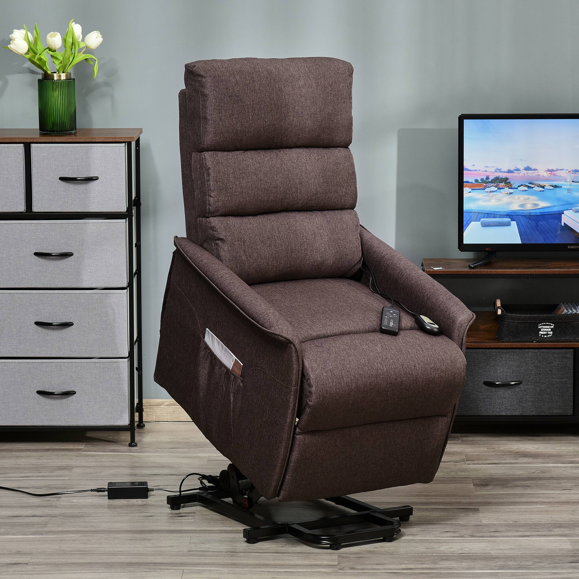 Alt View 1. Homcom - Power Lift Chair with Vibration Massage, Fabric Upholstered Recliner Chair for Elderly with Remote Control, Side Pockets - Brown.
