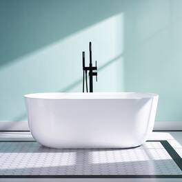 WELLFOR - Seren 59 in. x 28 in. Acrylic Oval Freestanding Soaking Bathtub with Center Pop-Up Drain and Overflow - White