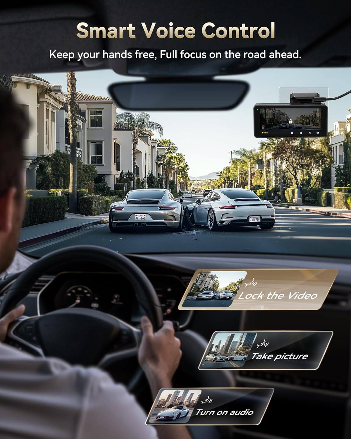Smart Voice Control, Keep your hands free, Full focus on the road ahead. Lock the Video, Take picture, Turn on audio.