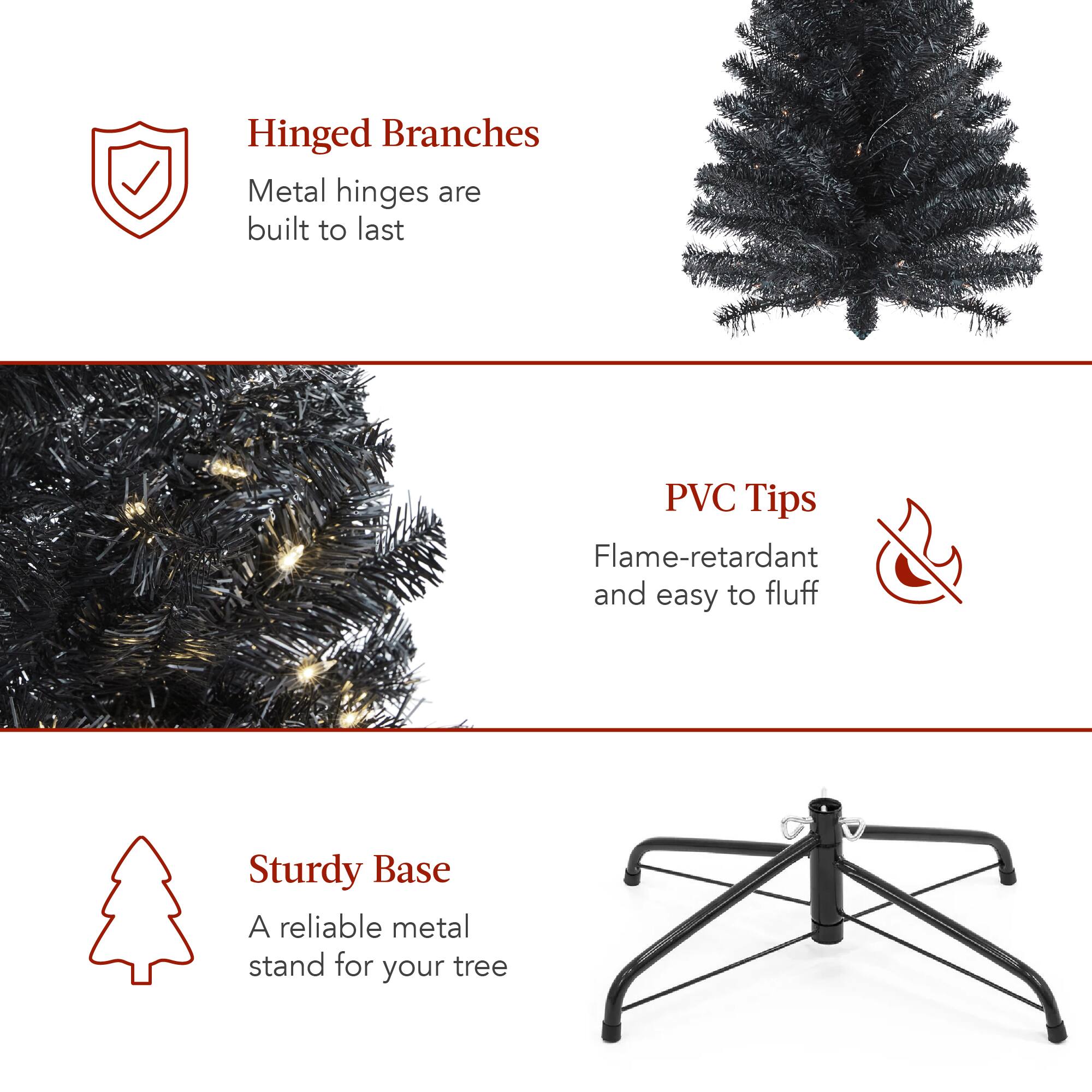 Hinged Branches: Metal hinges are built to last.  
PVC Tips: Flame-retardant and easy to fluff.  
Sturdy Base: A reliable metal stand for your tree.
