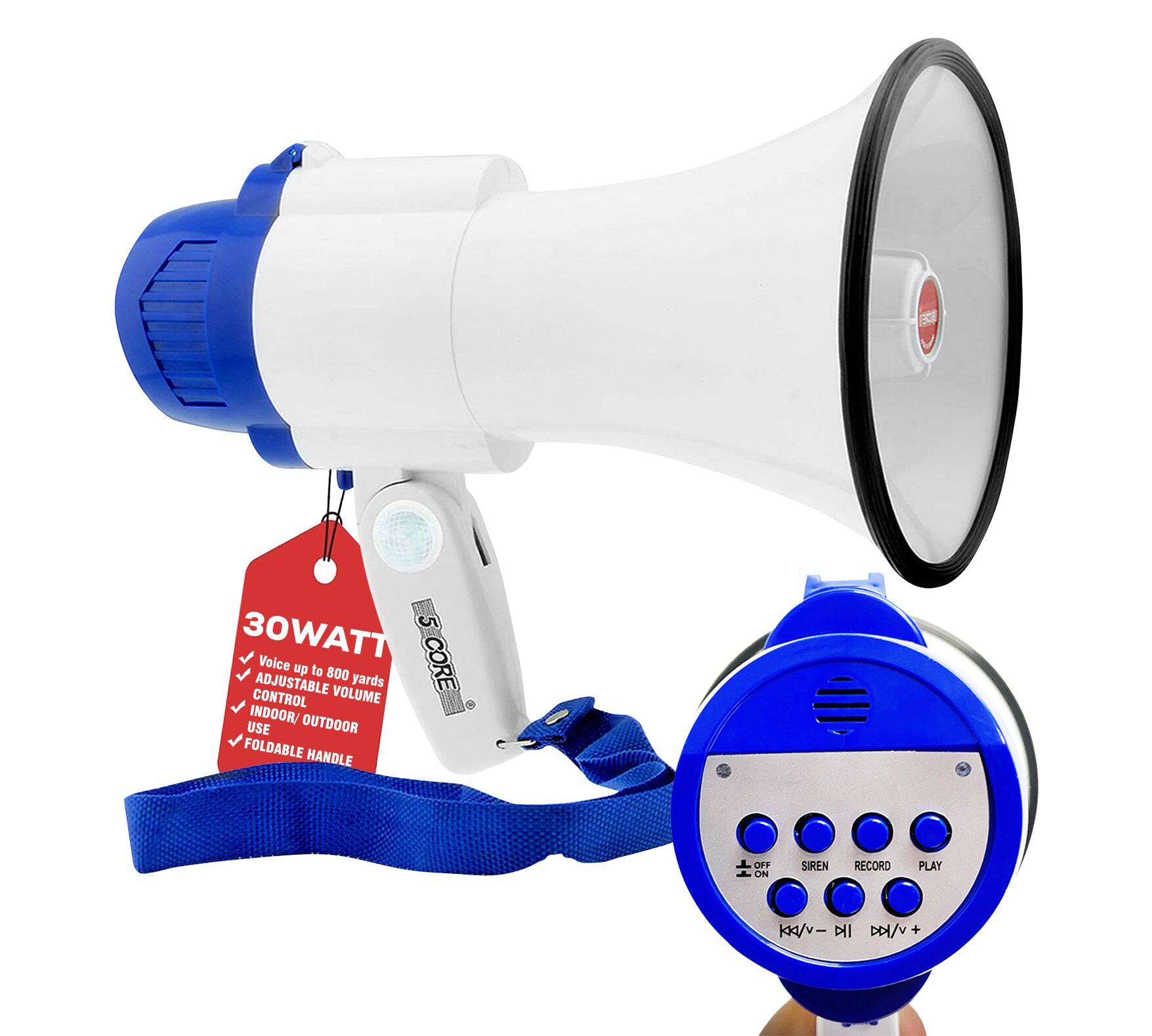 5 30WATT Voice up to 800 yards ADJUSTABLE VOLUME CONTROL INDOOR/OUTDOOR USE FOLDABLE HANDLE OFF ON SIREN RECORD PLAY KK/V- D/V +