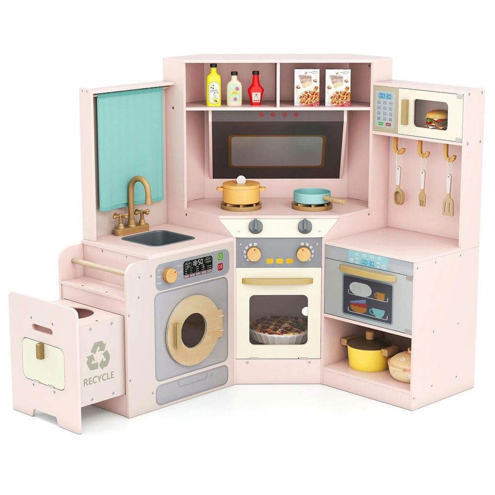 Resenkos - Corner Kitchen with Lights, Sounds & Trash Can - Kids Pretend Set - Pink