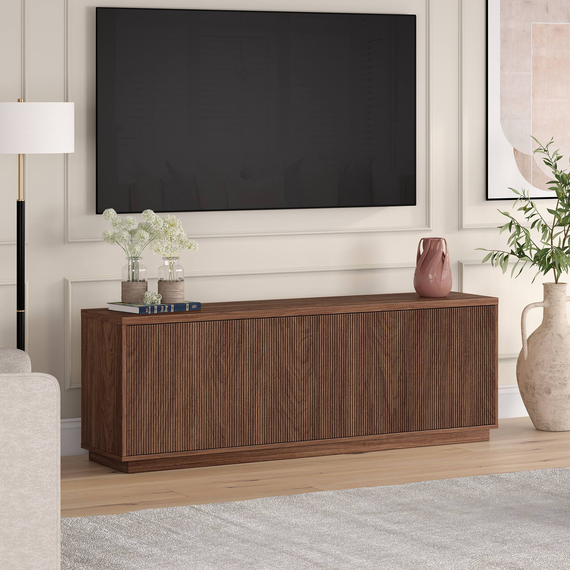 Alt View 3. Hudson&Canal - Hanson Rectangular Fluted TV Stand for TV's up to 75" in Satin Walnut - Satin Walnut.