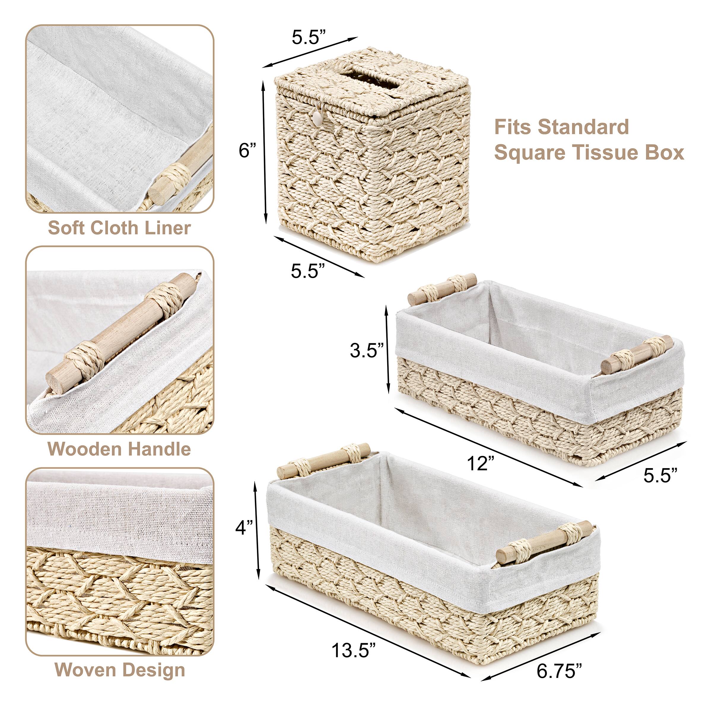 - Soft Cloth Liner: 6"
- Fits Standard Square Tissue Box: 5.5" x 3.5"
- Wooden Handle: 5.5" x 3.5"
- Woven Design: 13.5" x 6.75"
- 12" x 5.5"