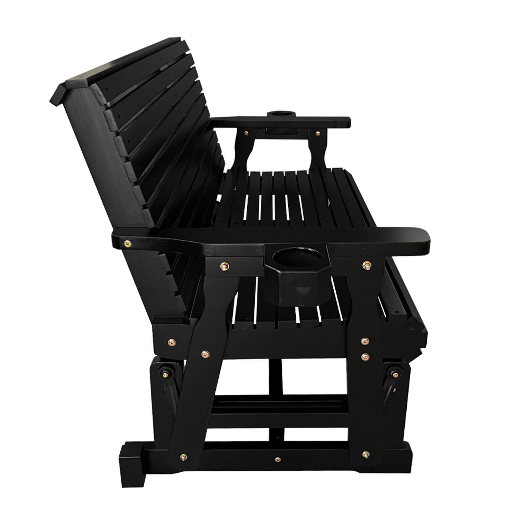 Alt View 5. Fortune Candy - Wooden Outdoor Patio Glider Bench with Cupholders, Heavy Duty 800 LBS, for Porch Yard Garden (2-Seater) - Carbon Black.