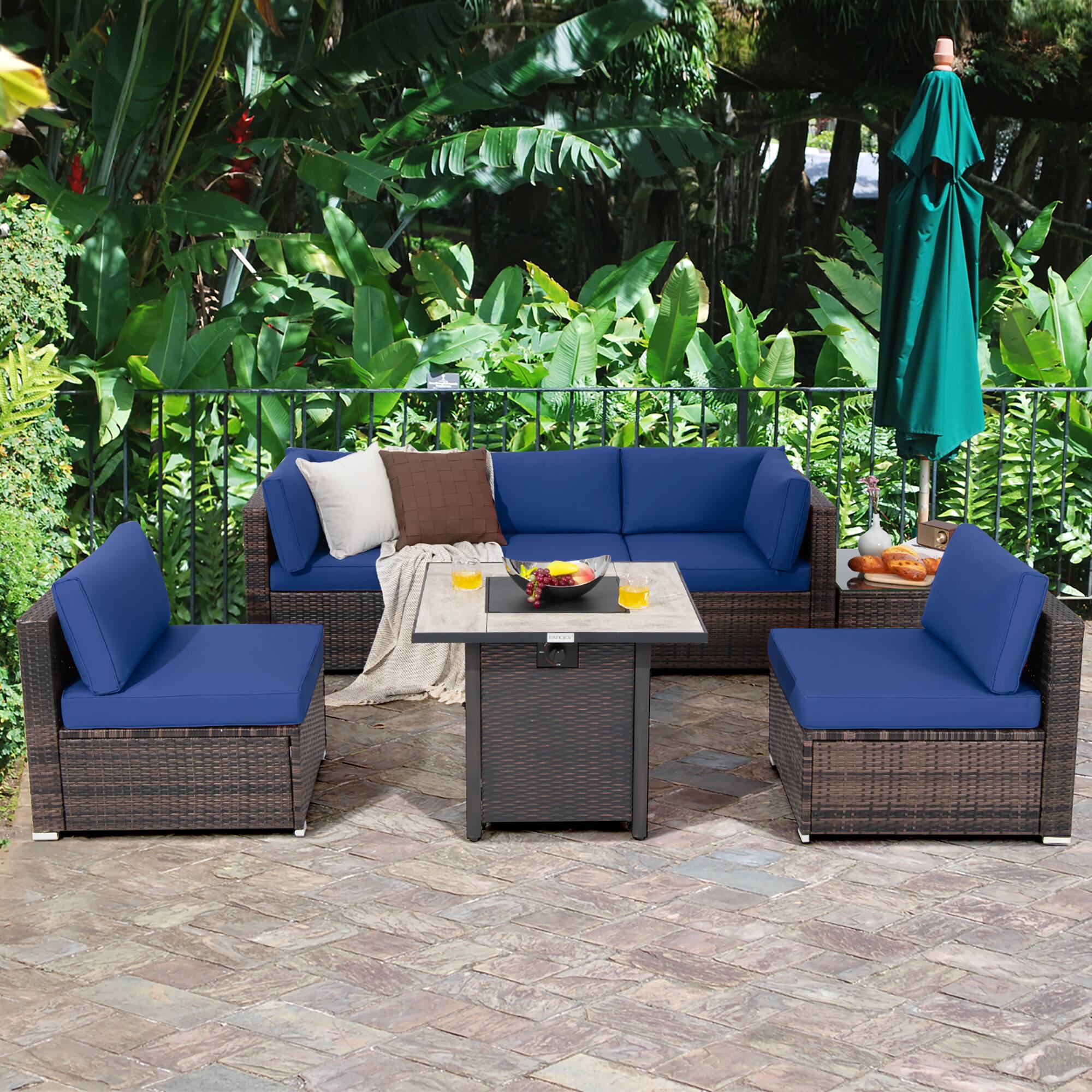 Alt View 1. Costway - Costway 7PCS Patio Rattan Furniture Set 30" Fire Pit Table Cover Cushion Sofa - Navy.