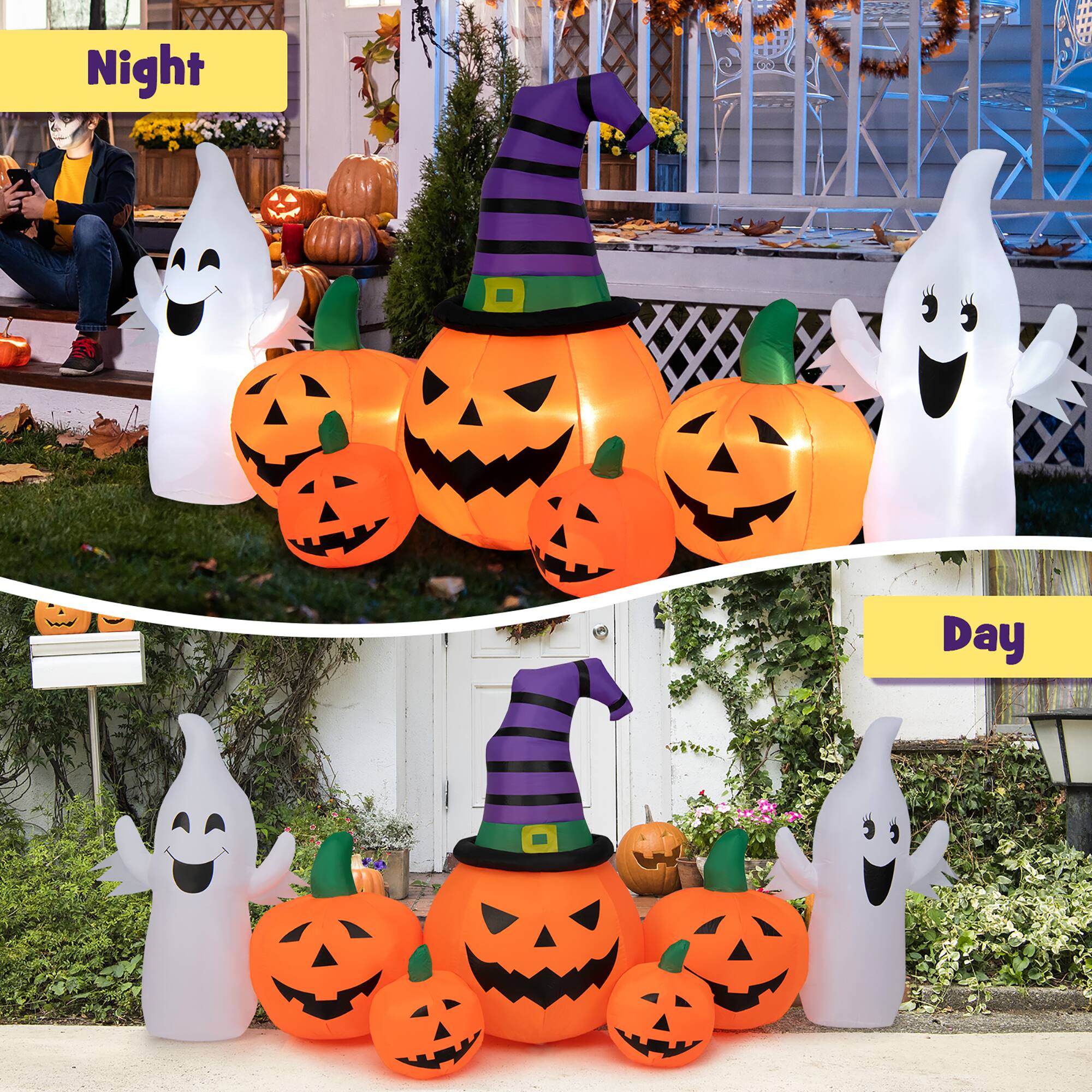 Night:
- A row of pumpkin-shaped lights on the left side of the image.
- A row of ghost-shaped lights on the right side of the image.

Day:
- A row of pumpkin-shaped lights on the left side of the image.
- A row of ghost-shaped lights on the right side of the image.