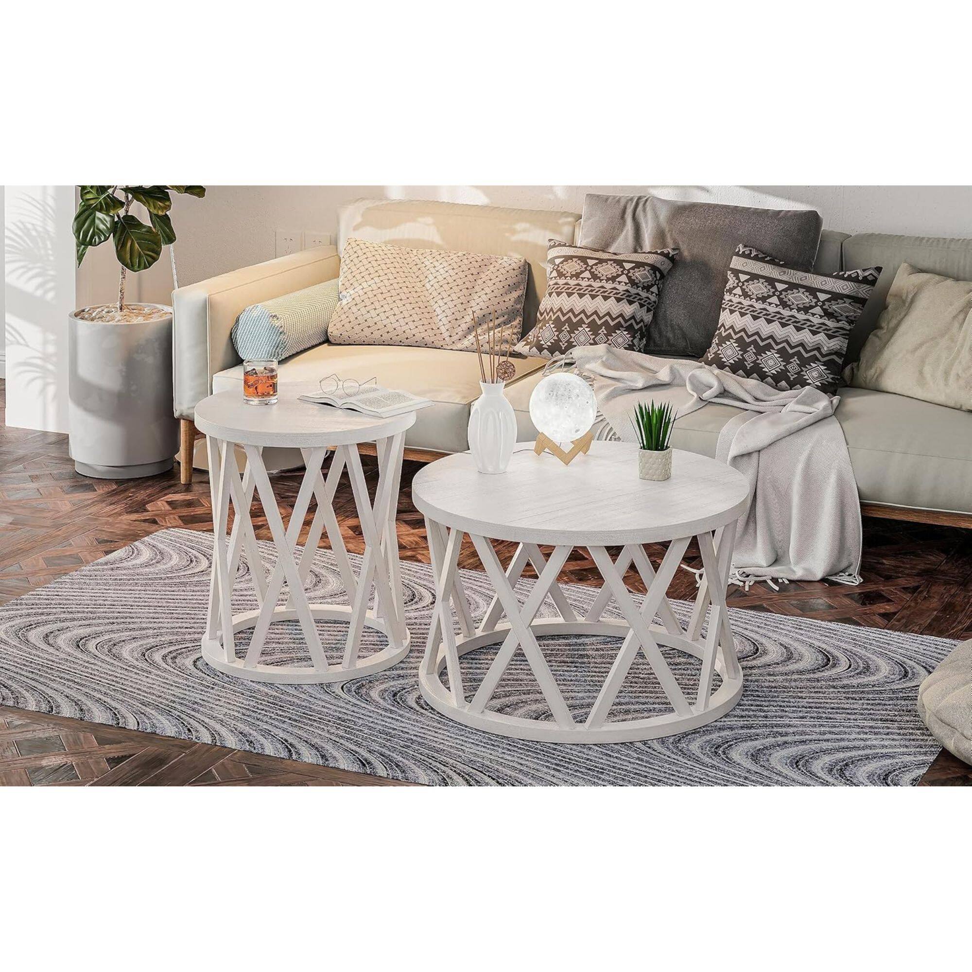 Alt View 7. COZAYH - COZAYH Rustic Farmhouse Round Coffee Table, X-Motifs Legs & Wooden Top, Set of 2 - Antique White.