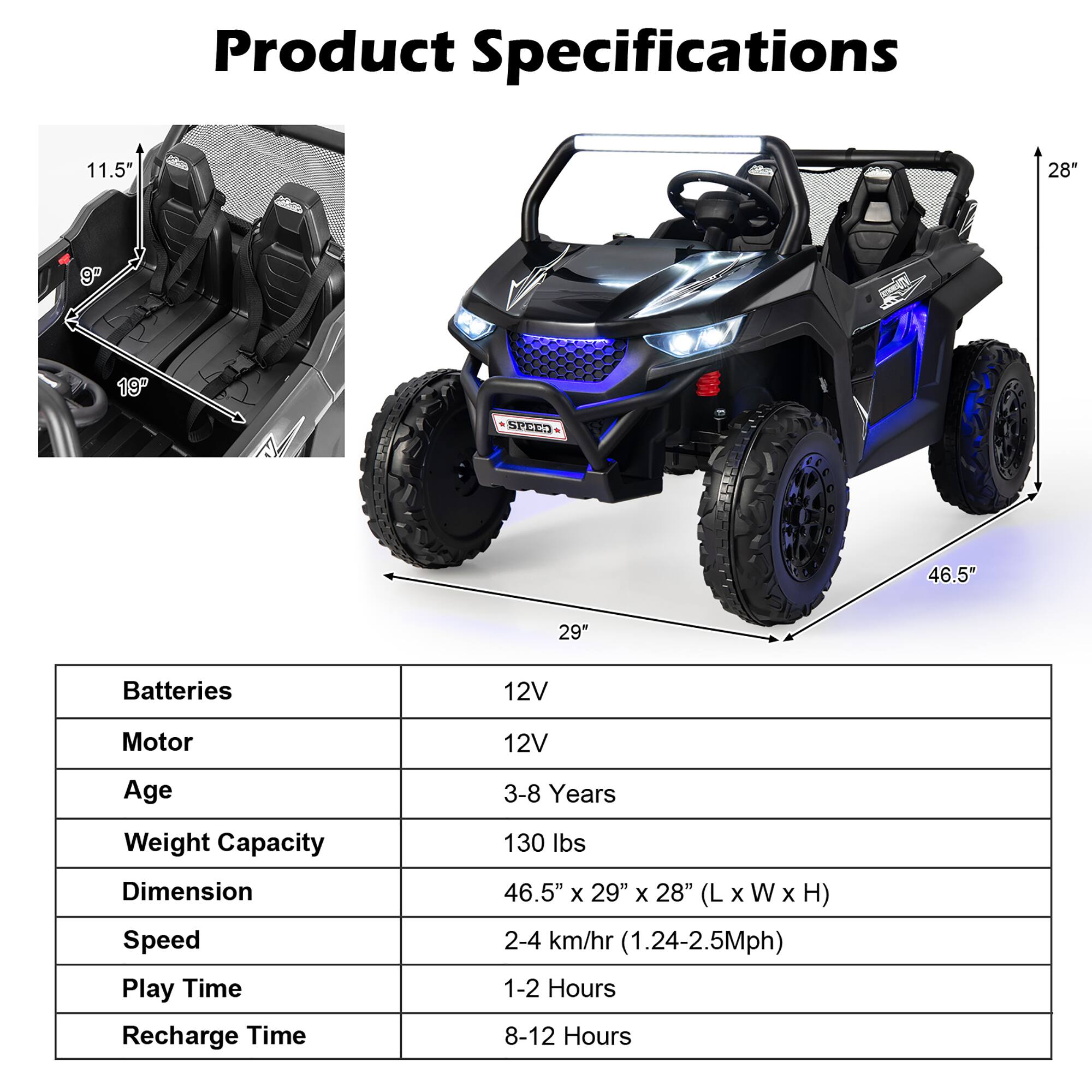 Product Specifications

- Batteries: 12V
- Motor: 12V
- Age: 3-8 Years
- Weight Capacity: 130 lbs
- Dimension: 46.5" x 29" x 28" (L x W x H)
- Speed: 2-4 km/hr (1.24-2.5Mph)
- Play Time: 1-2 Hours
- Recharge Time: 8-12 Hours

Dimensions:
- Length: 46.5"
- Width: 29"
- Height: 28"
- Seat Height: 11.5"
- Seat Width: 19"
- Seat Depth: 9"
