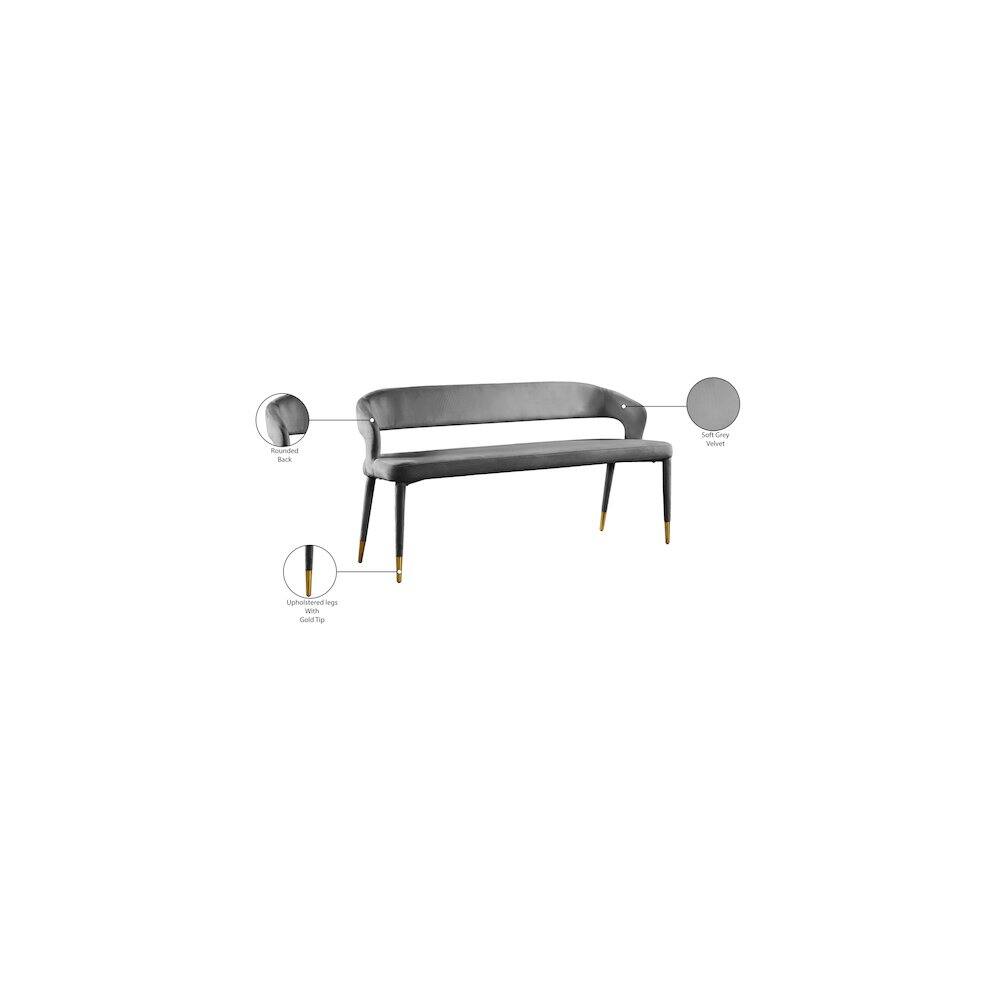 - Upholstered back
- Soft Grey Velvet
- Upholstered legs with Gold Tip
