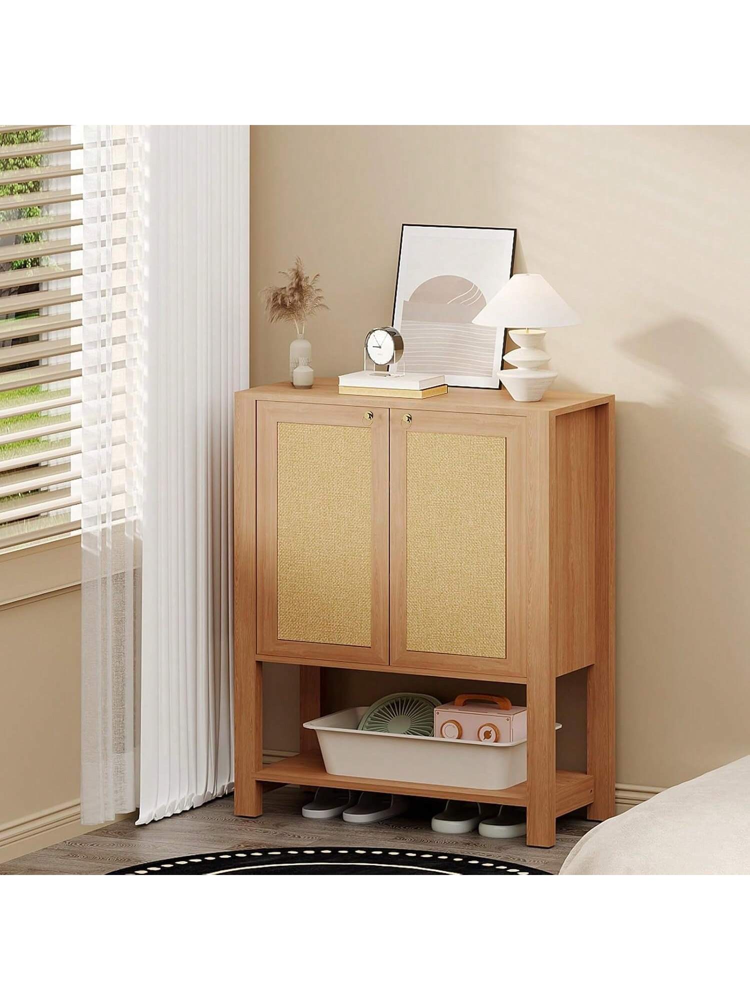 Front. GARVEE - Rattan Shoe Cabinet For Entryway Farmhouse Boho 5 Tier Shoe Rack Freestanding Wood Storage Cabinet - Dark Oak.