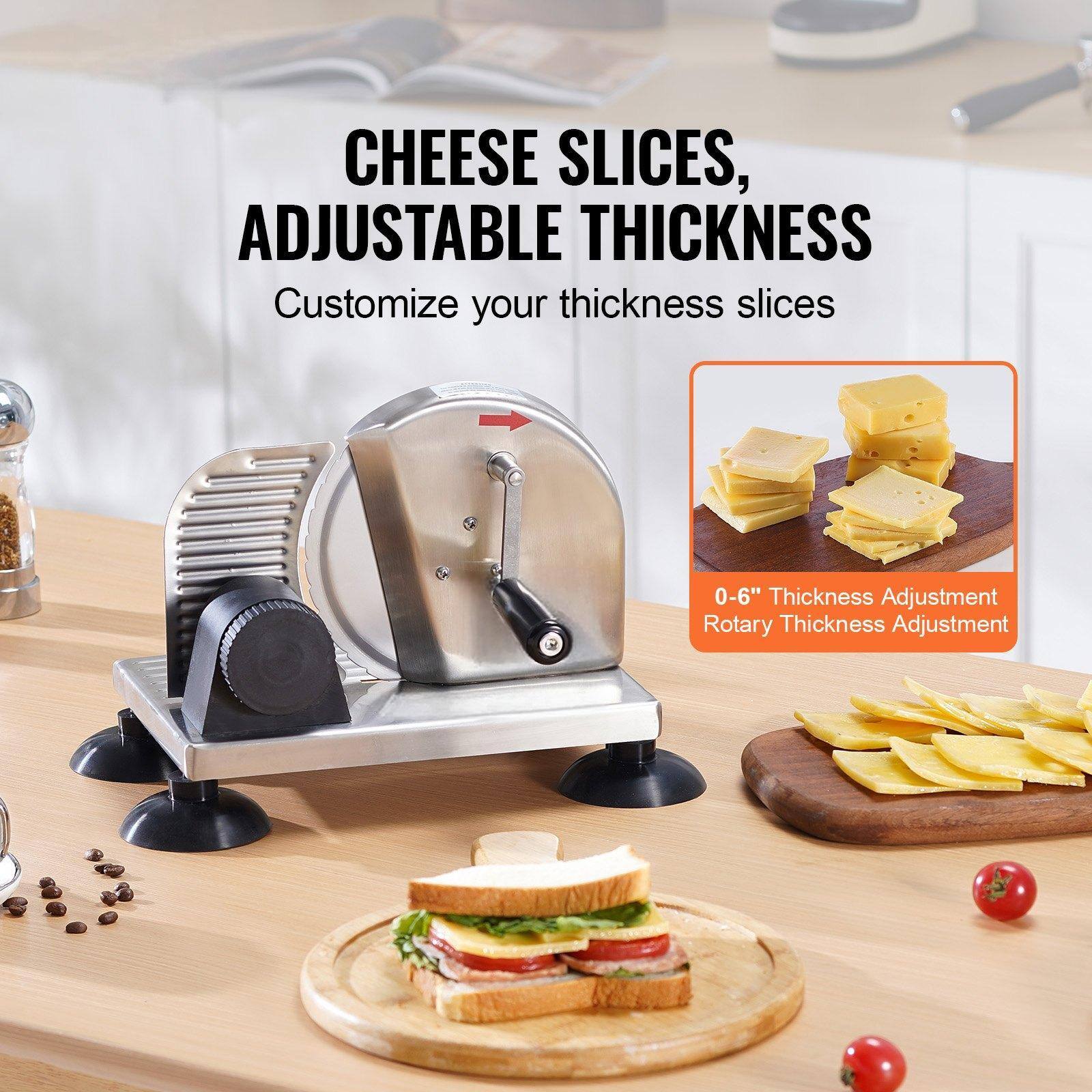 CHEESE SLICES, ADJUSTABLE THICKNESS  
Customize your thickness slices  

0-6" Thickness Adjustment  
Rotary Thickness Adjustment