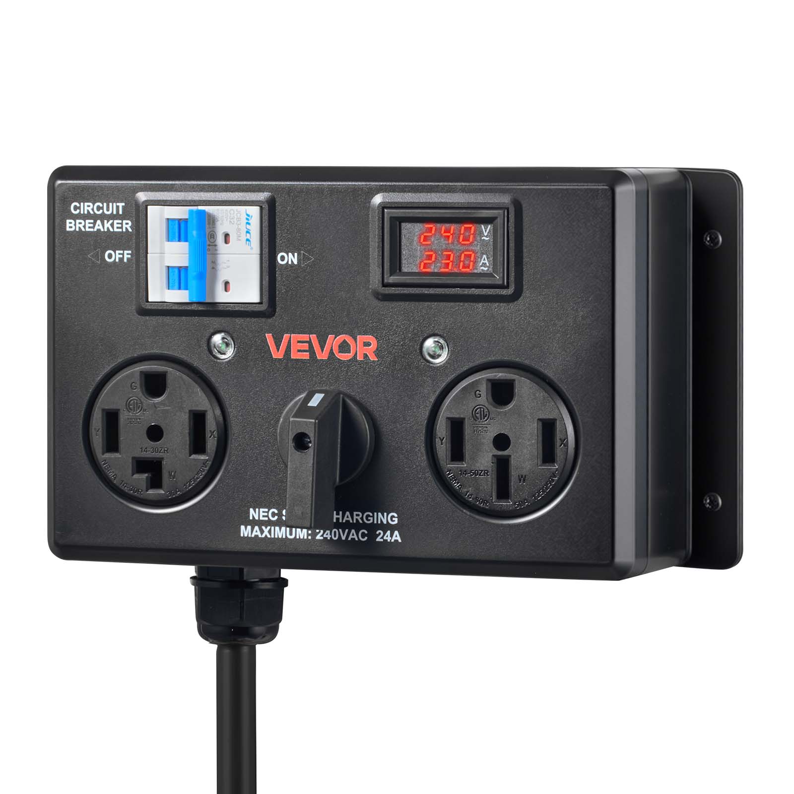 CIRCUIT BREAKER OFF ON  
240 23.0  
VEVOR  
G I 14-30ZR NEMA 14-308 1 TERASUM NEC HARGING MAXIMUM: 240VAC 24A  
G Y 19-50ZR NEWS 5983