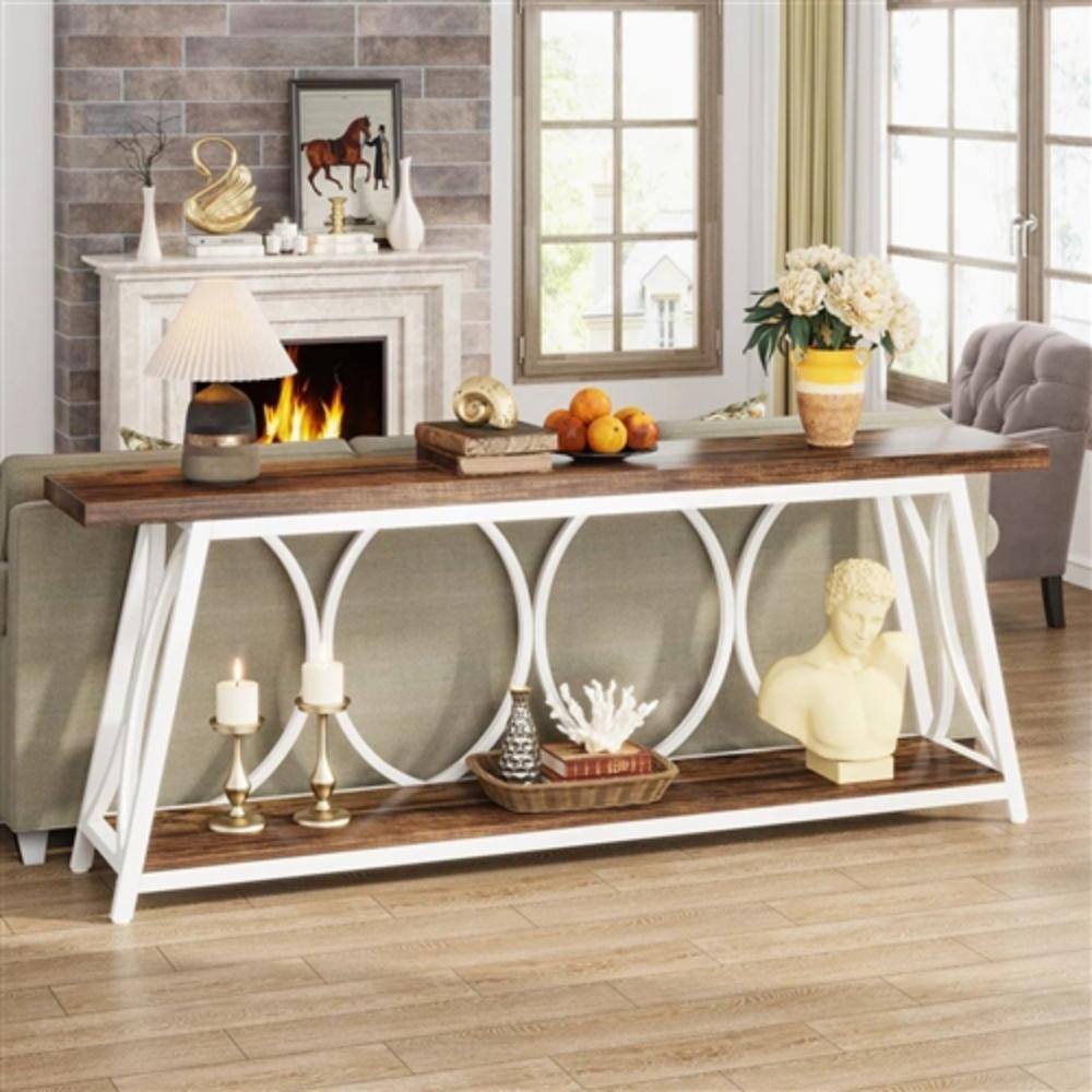 Angle. Hivvago - Industrial 70-inch Brown Wood Top Sofa Table with Heavy Duty White Metal Frame - White, Brown.