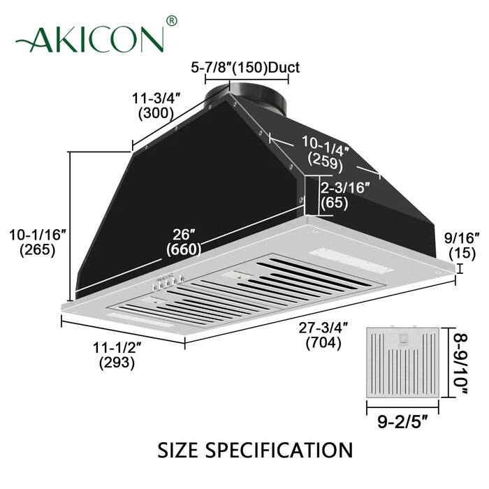 AKICON 5-7/8" (150) Duct

- 11-3/4" (300)
- 10-1/4" (259)
- 2-3/16" (65)
- 10-1/16" (265)
- 26" (660)
- 9/16" (15)
- 27-3/4" (704)
- 11-1/2" (293)
- 9-2/5" (8-9/10")