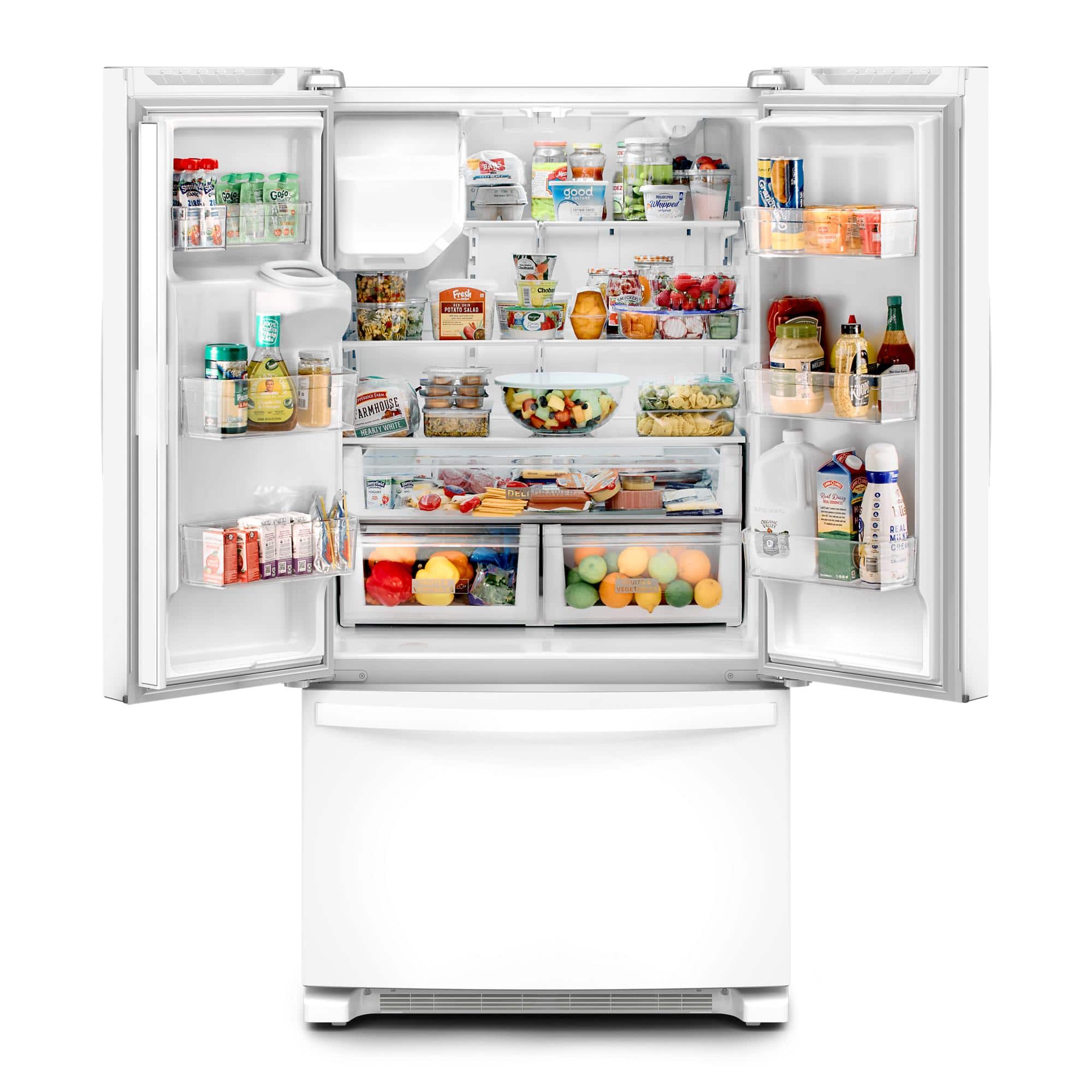 The refrigerator is full of food and drinks, including fruits, vegetables, and various beverages. The refrigerator door is open, revealing the contents inside. The refrigerator is white and has a large capacity, allowing for a variety of items to be stored. The food and drinks are organized neatly, making it easy to find and access the desired items.