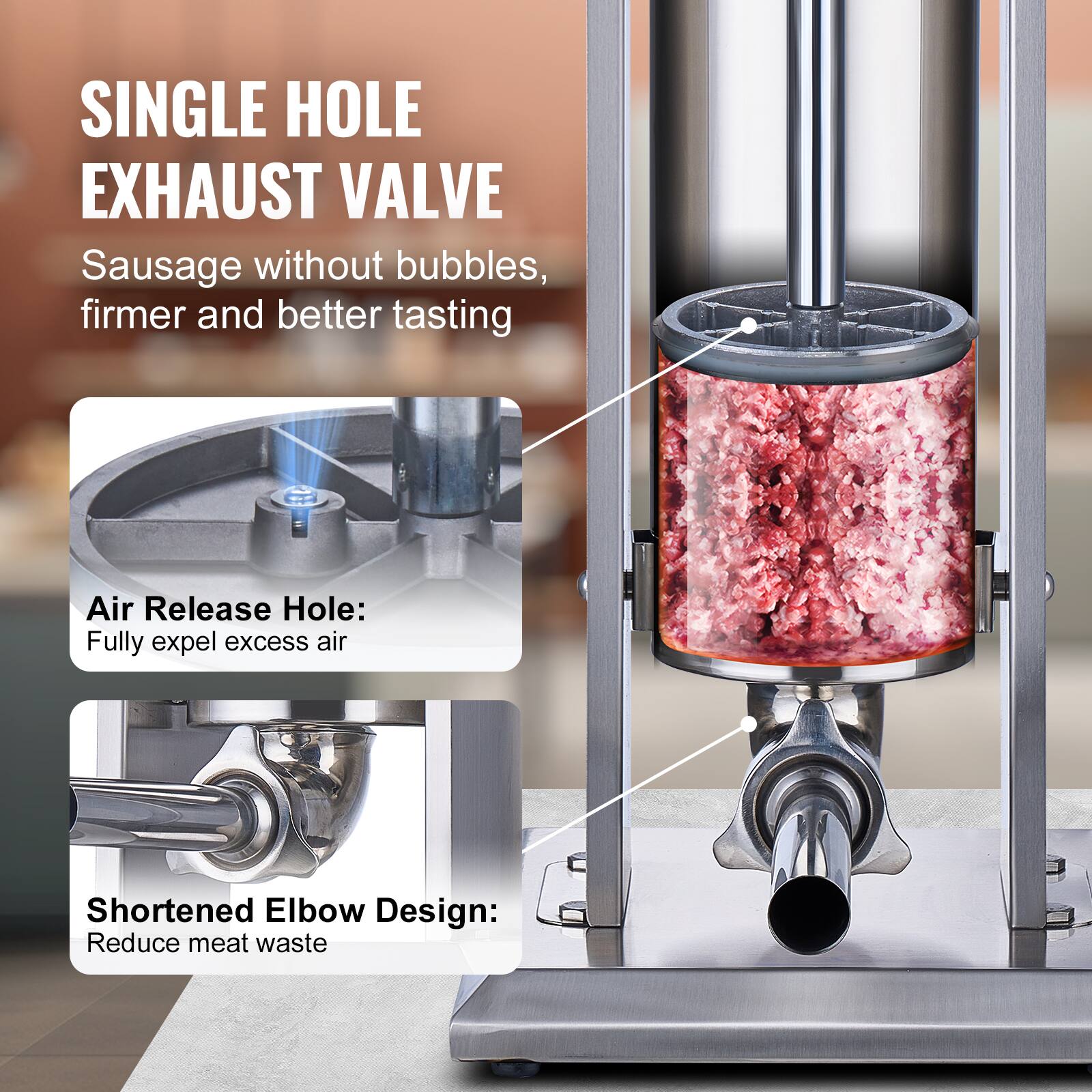 SINGLE HOLE EXHAUST VALVE  
Sausage without bubbles, firmer and better tasting

Air Release Hole:  
Fully expel excess air

Shortened Elbow Design:  
Reduce meat waste