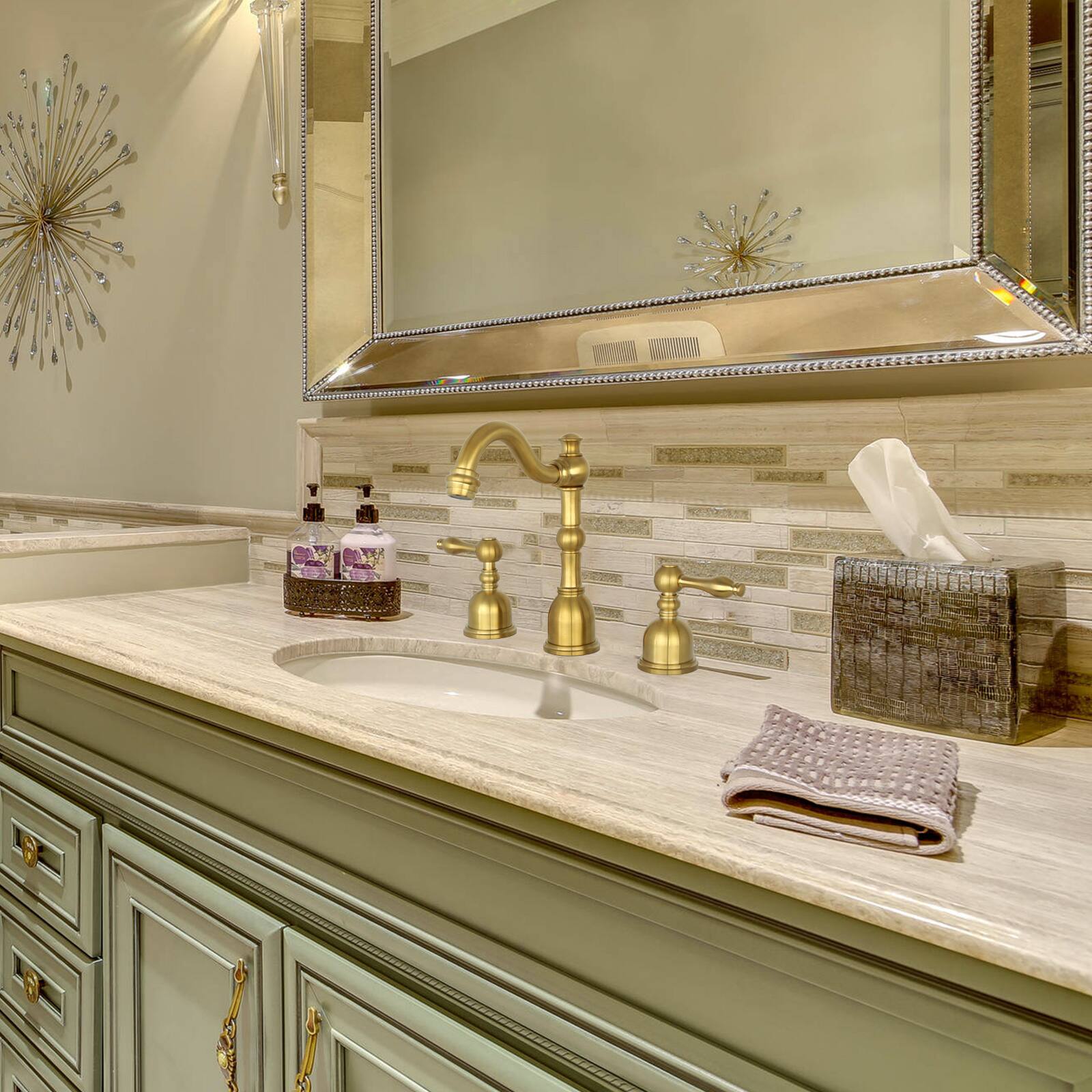 Alt View 6. Akicon - Akicon 8 inch Two-Handles Widespread Bathroom Sink Faucet in Brushed Gold - Brushed Gold.