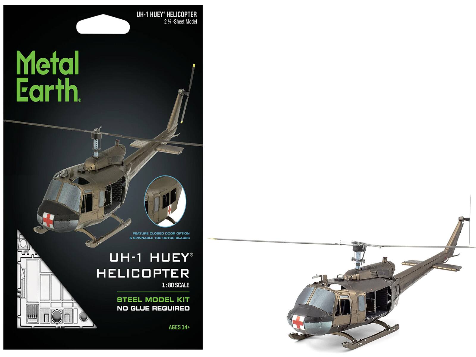 UH-1 HUEY HELICOPTER  
2 1/4-Sheet Model  

Metal Earth.  

UH-1 HUEY HELICOPTER  
1:80 SCALE  

STEEL MODEL KIT  
NO GLUE REQUIRED  
AGES 14+  

FEATURES:  
- CLOSED DOOR OPTION  
- SPINNABLE TOP ROTOR BLADES