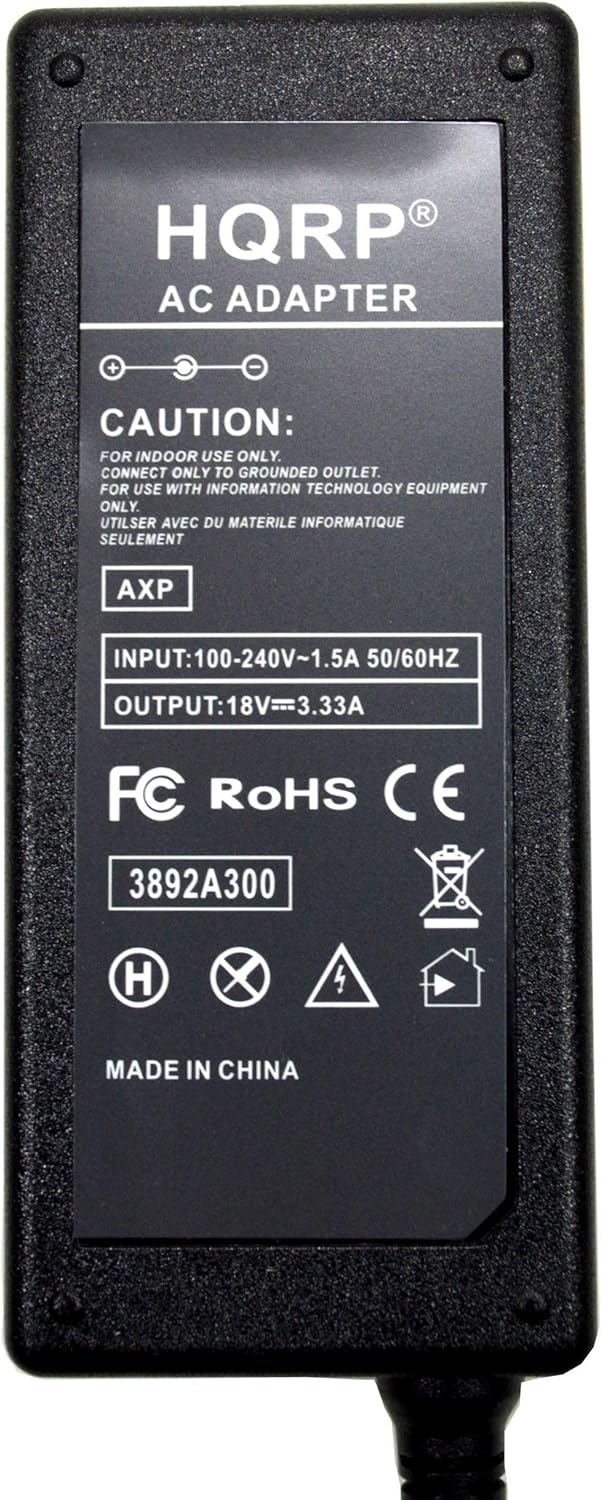 HQRP® AC ADAPTER

CAUTION: FOR INDOOR USE ONLY. CONNECT ONLY TO GROUNDED OUTLET. FOR USE WITH INFORMATION TECHNOLOGY EQUIPMENT ONLY. UTILISER AVEC DU MATERIEL INFORMATIQUE SEULEMENT

AXP

INPUT: 100-240V~1.5A 50/60HZ

OUTPUT: 18V==3.33A

FC RoHS CE

3892A300

MADE IN CHINA