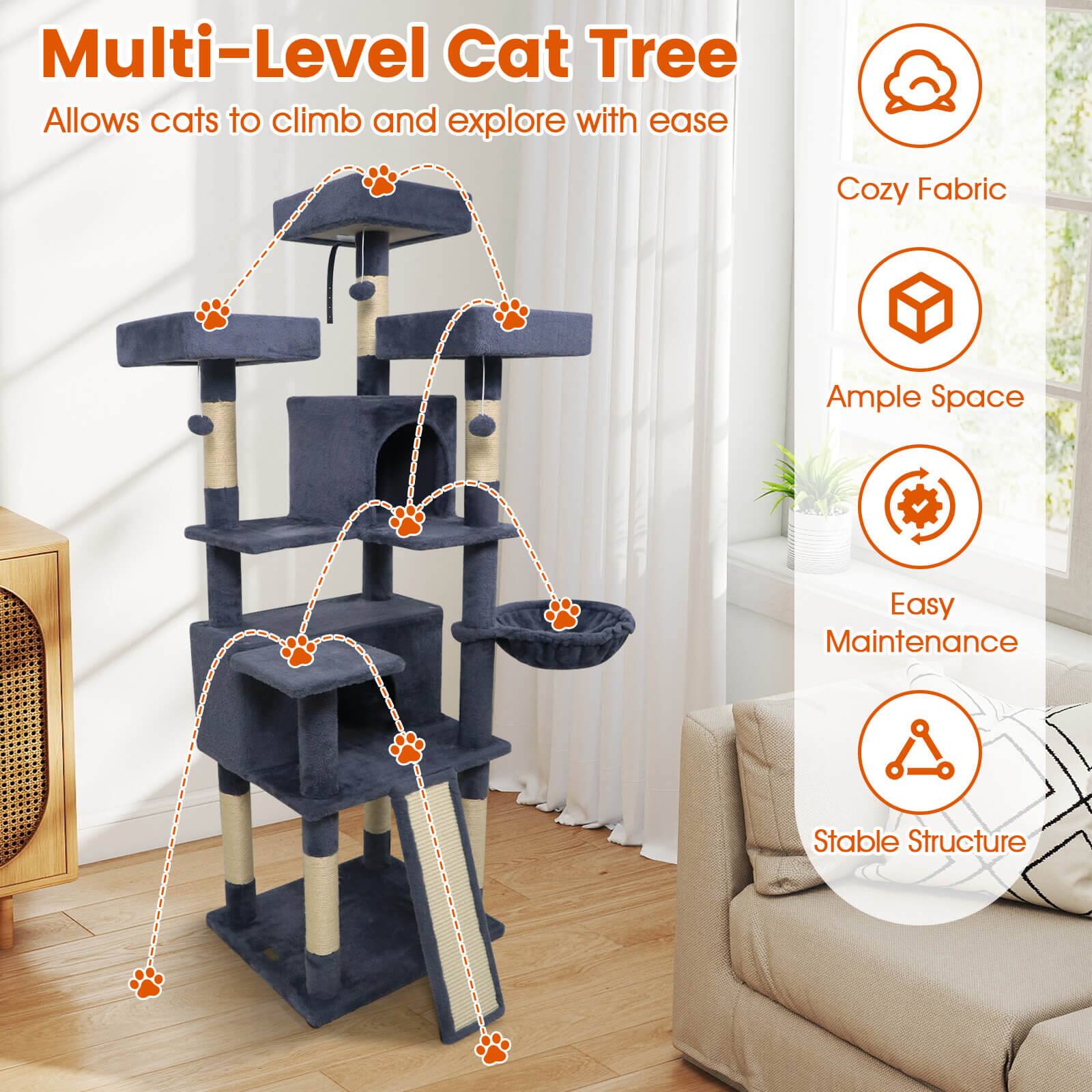 Multi-Level Cat Tree  
Allows cats to climb and explore with ease  

- Cozy Fabric  
- Ample Space  
- Easy Maintenance  
- Stable Structure