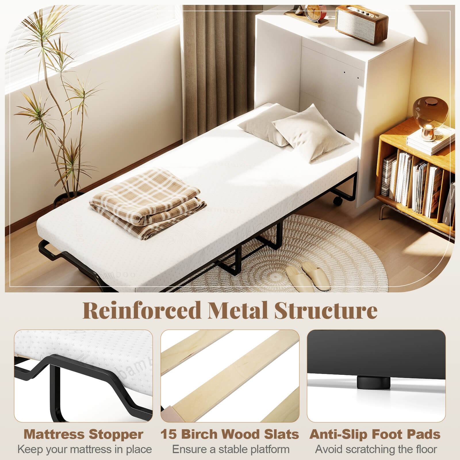 Reinforced Metal Structure

- Mattress Stopper: Keep your mattress in place
- 15 Birch Wood Slats: Ensure a stable platform
- Anti-Slip Foot Pads: Avoid scratching the floor