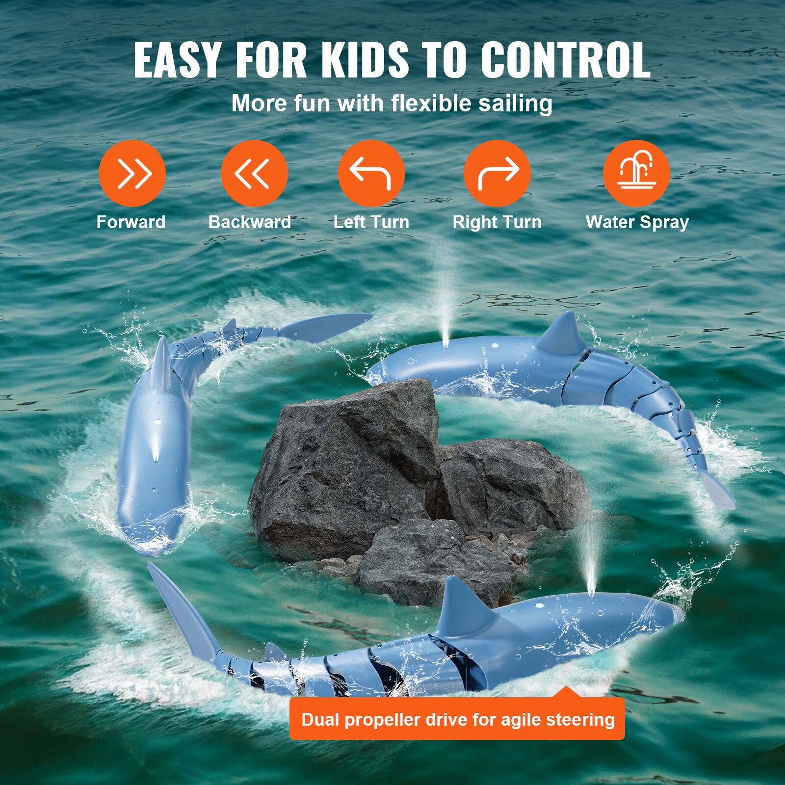 EASY FOR KIDS TO CONTROL  
More fun with flexible sailing  

Forward  
Backward  
Left Turn  
Right Turn  
Water Spray  

Dual propeller drive for agile steering