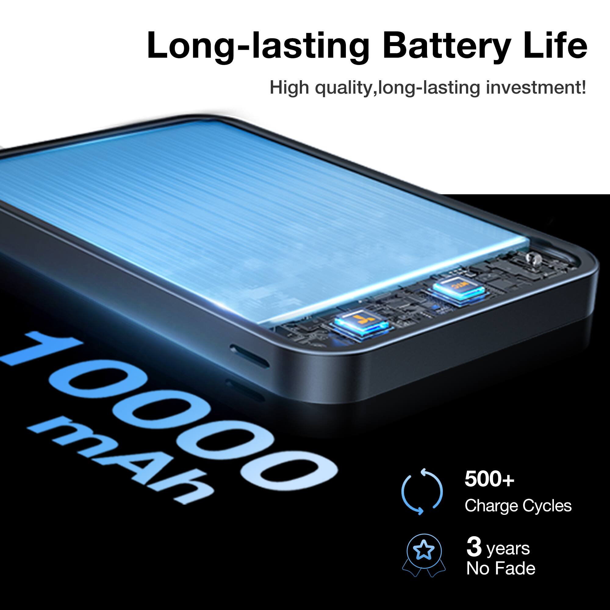 Long-lasting Battery Life: High-quality, long-lasting investment! 10000 mAh, 500+ Charge Cycles, 3 years, No Fade.