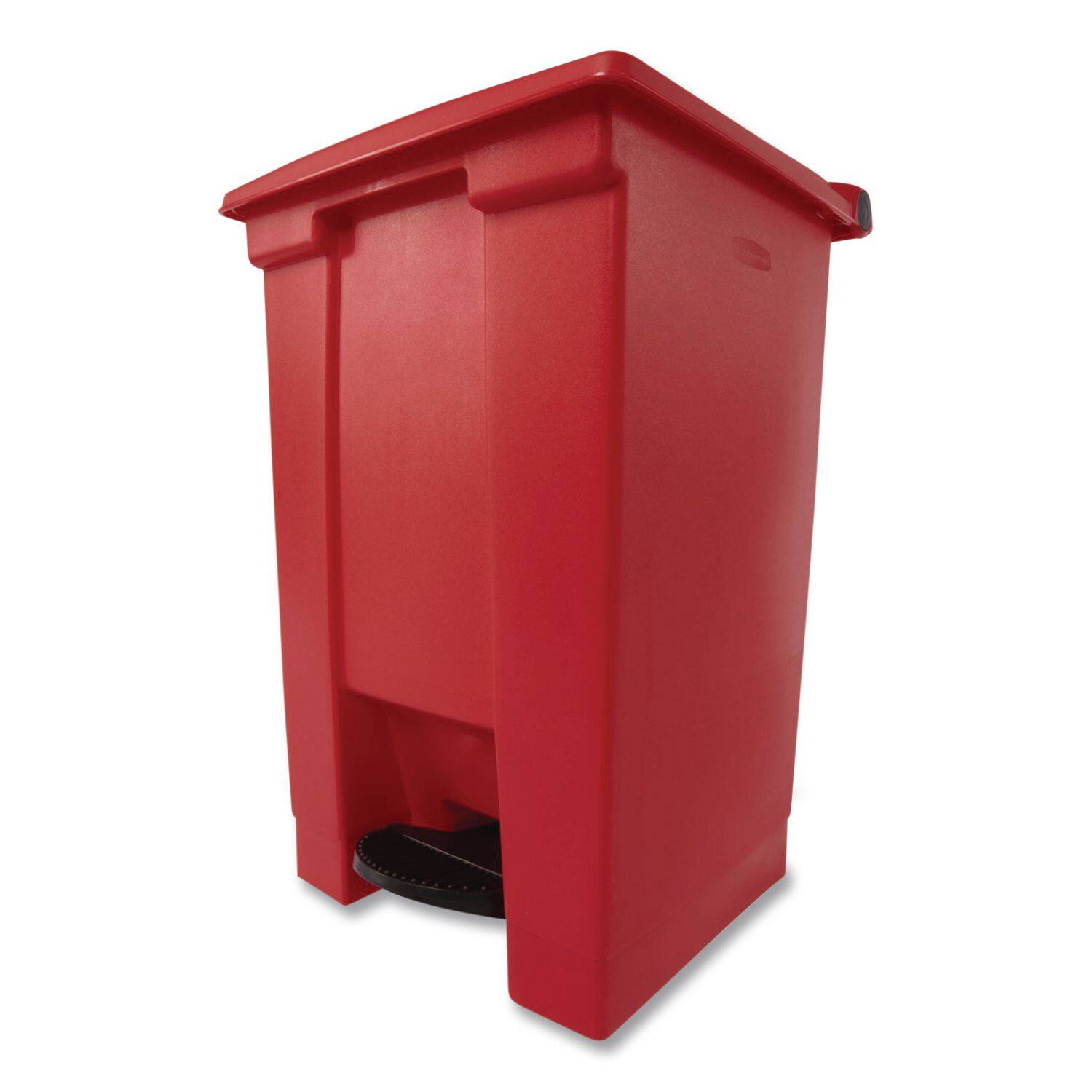 Left. RubberMaid - Indoor Utility Step-On Waste Container, 12 gal, Plastic, Red.