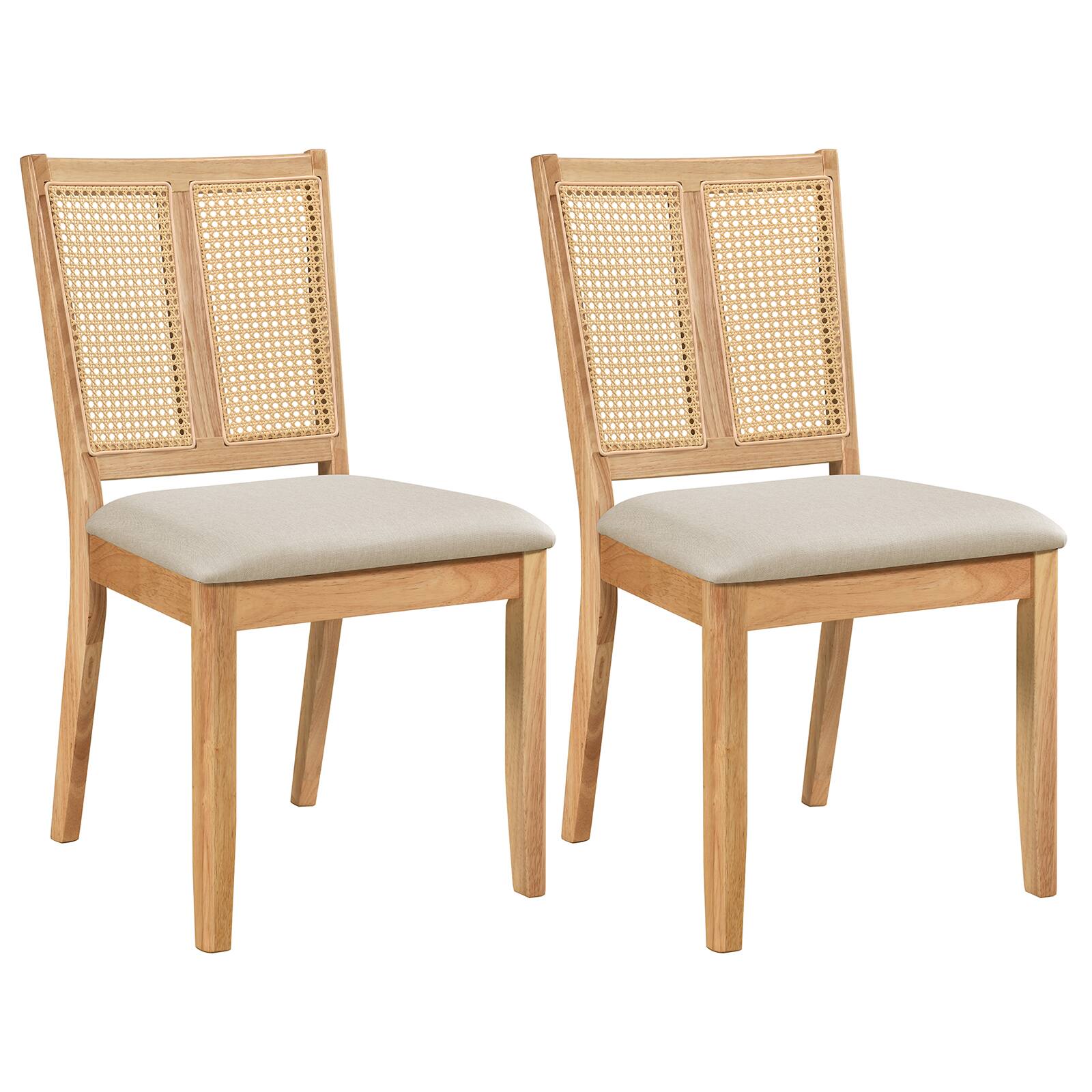 Gymax - Rattan Dining Chairs Set of 2 w/Curved Backrest & Padded Seat Rubber Wood Frame Natural & Beige - Yellow