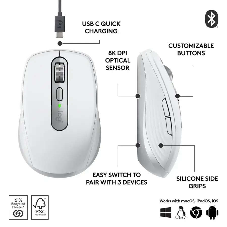 Logitech USB C Quick Charging 8K DPI Optical Sensor Customizable Buttons Easy Switch to Pair with 3 Devices Silicone Side Grips 61% Recycled Plastic* - FSC FSC nonotae Works with macOS, iPadOS, iOS