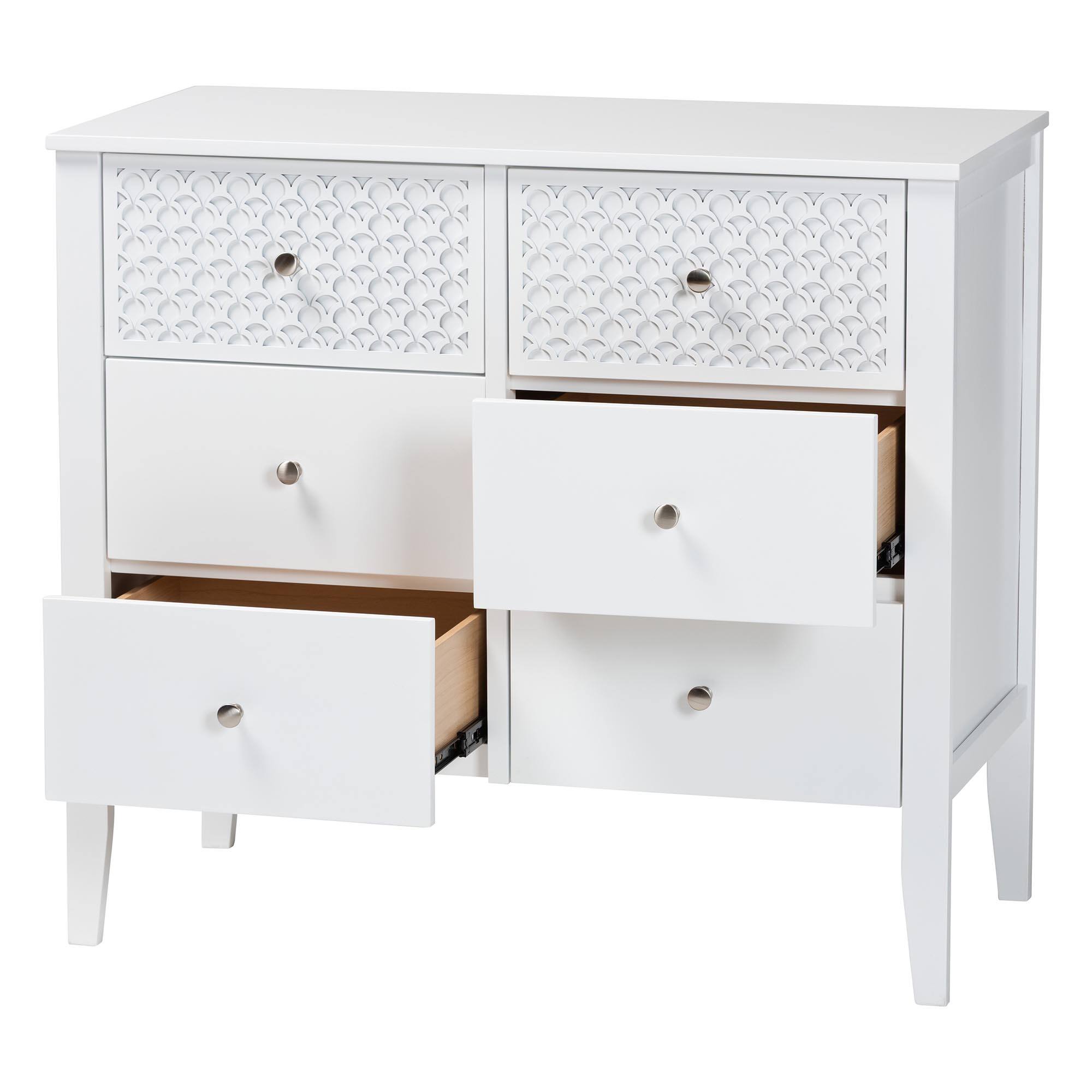 Angle. Baxton Studio - Lara Dresser - 6-Drawer Bedroom Storage Chest with Laser-Cut Geometric Overlay for Clothing and Organization - White.