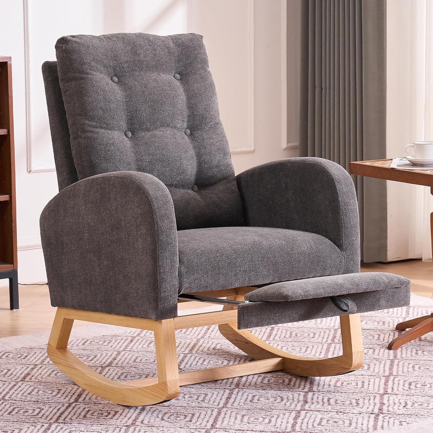 Trinkets Crazed - Nursery Rocking Chair Upholstered Glider Chair with Footrest Tufted Rocker Recliner with Side Pocket - Grey Linen