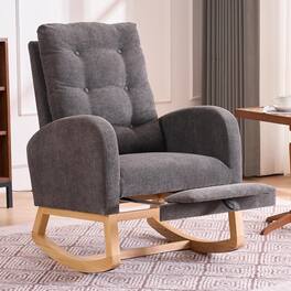 Trinkets Crazed - Nursery Rocking Chair Upholstered Glider Chair with Footrest Tufted Rocker Recliner with Side Pocket - Grey Linen