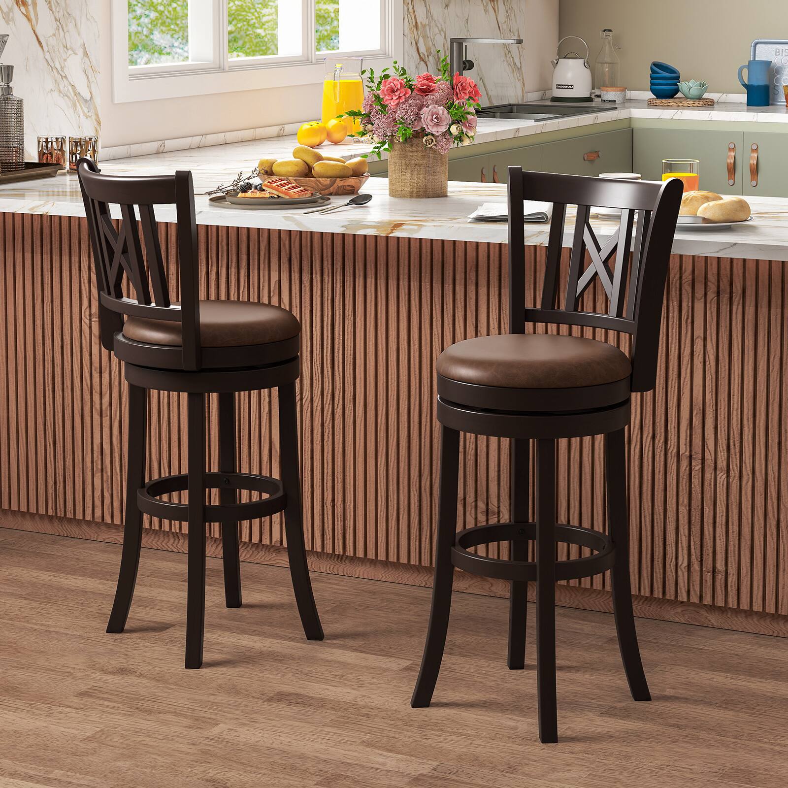 Alt View 4. Gymax - Gymax Set of 4 Bar Stools 30'' Swivel Bar Chairs w/ Footrest Hollowed Backrest - Coffee, Brown.